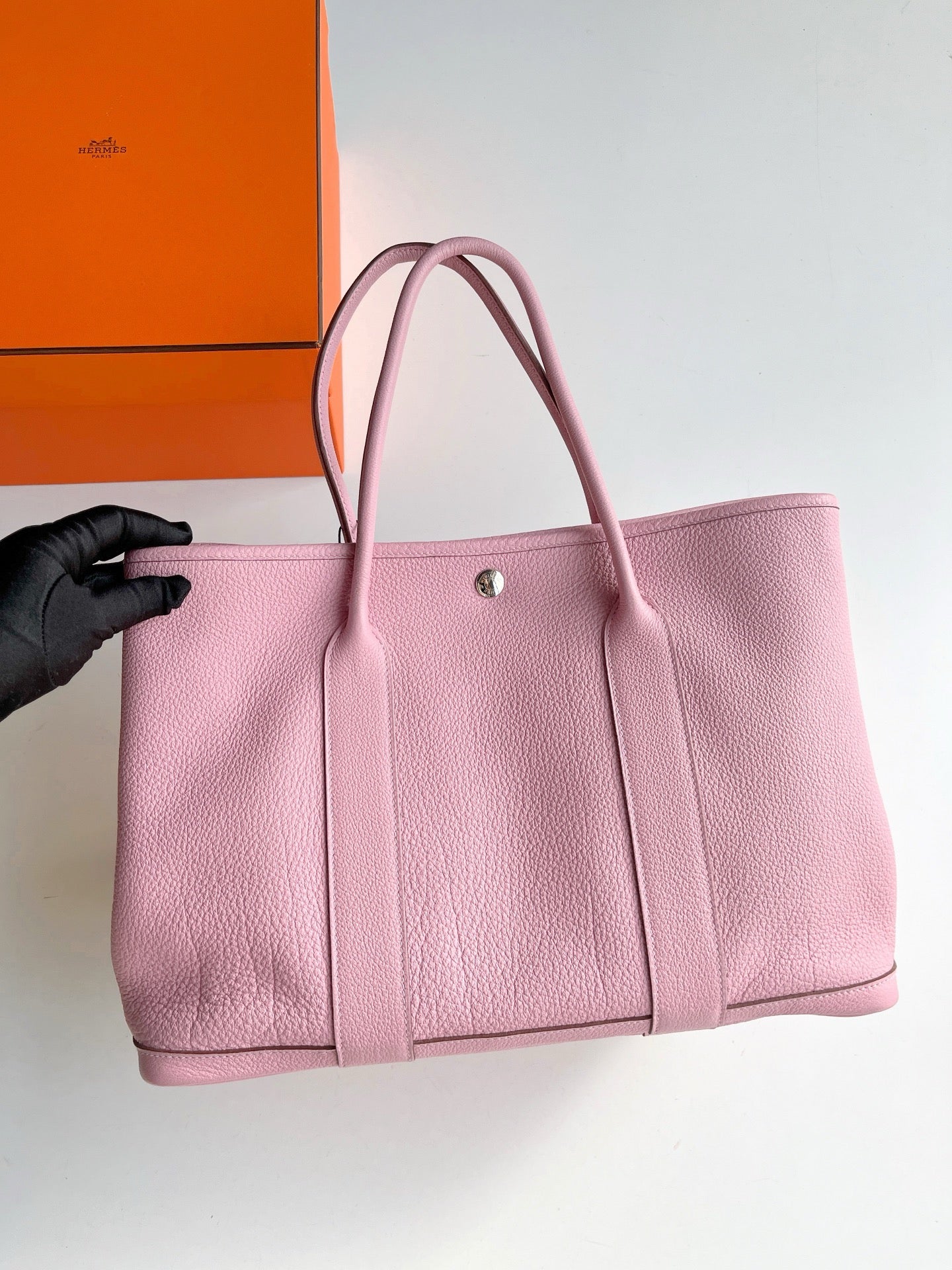 Pre-owned Certified Hermes Garden Party 36 5P Sakura Pink Clemence Leather with dust bag, O stamp, 2011