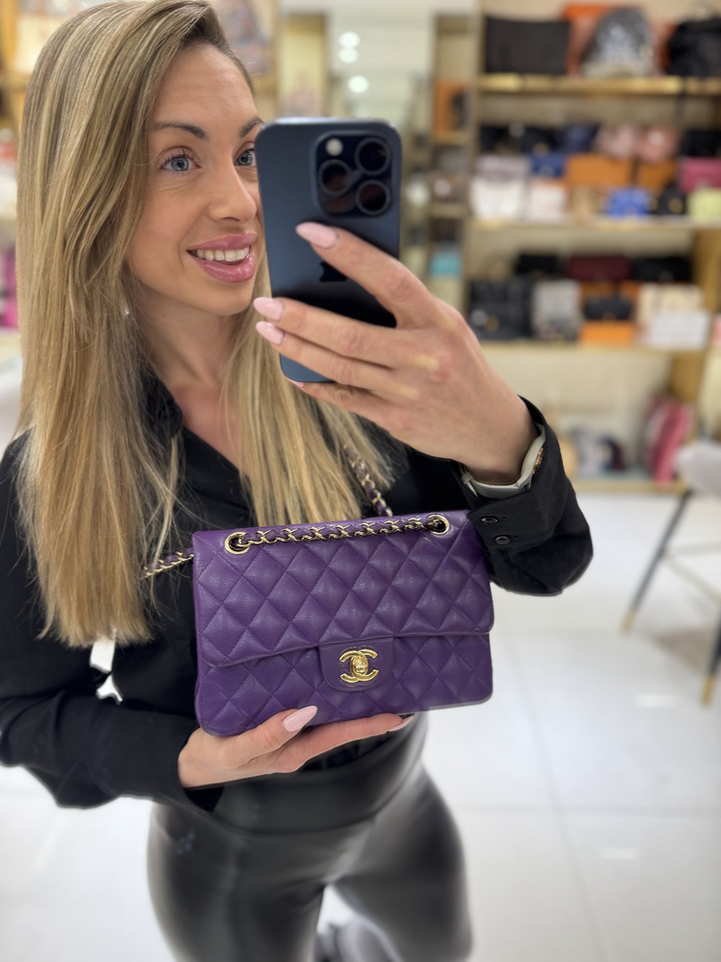 Pre-owned Chanel Classic Flap Small Double Flap Limited Seasonal Edition Royal Purple Caviar Leather Golden Hardware, Microchipped 2022, w/ full set
