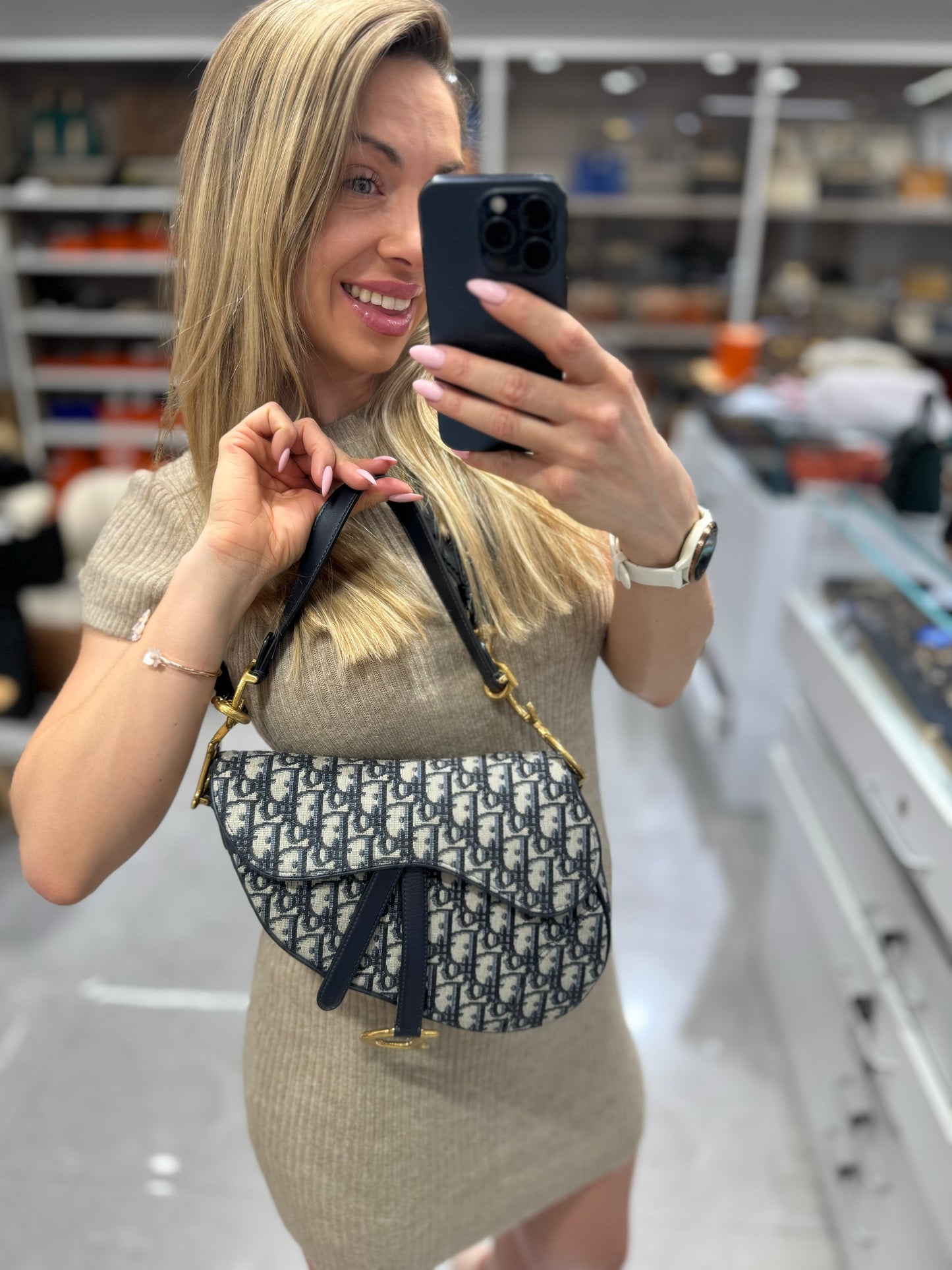 Pre-owned Dior Saddle Medium Blue Oblique Canvas Golden Hardware, 2018, Full Set with the Dior Strap
