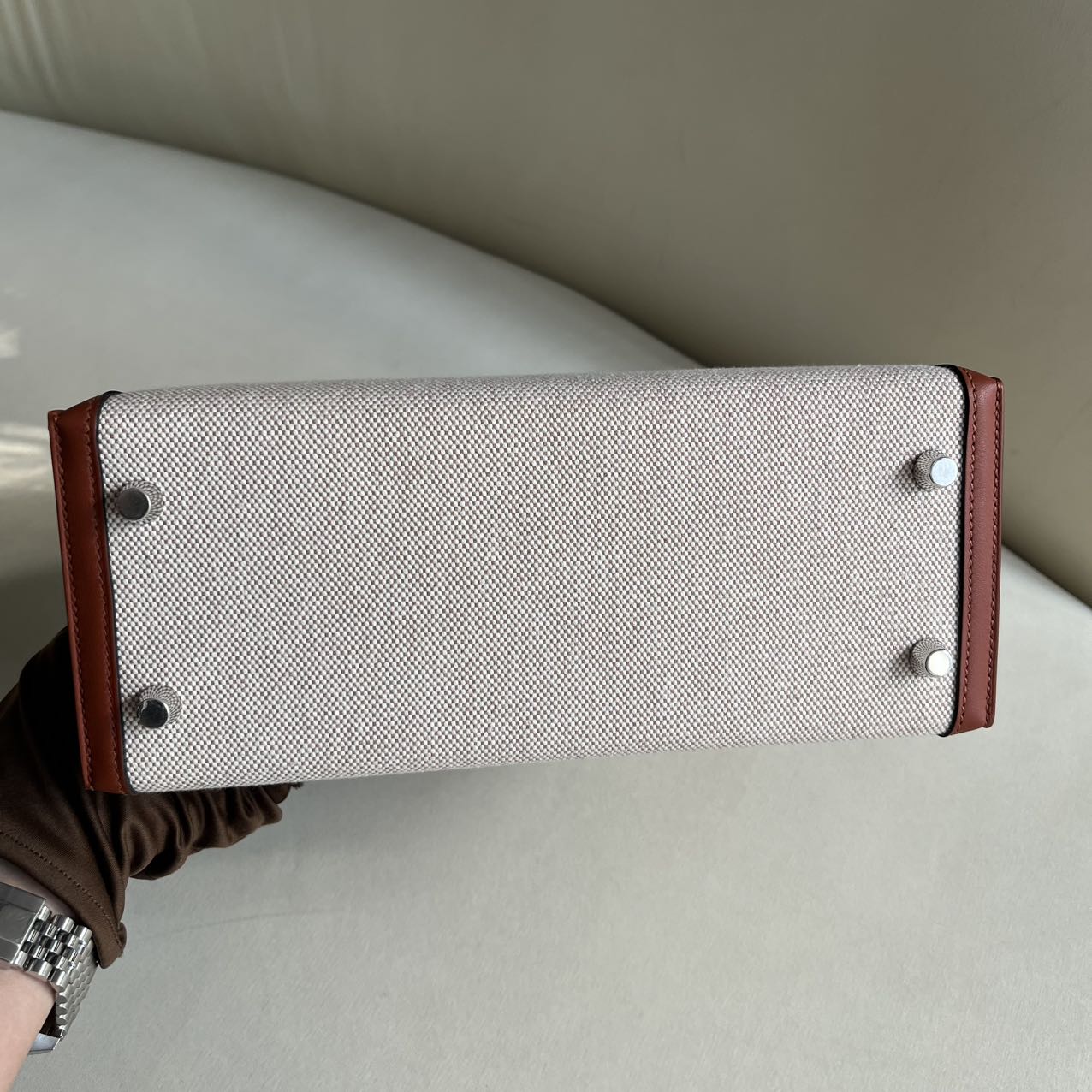 Pre-owned Certified Hermes Kelly 25 Toile Cuivre with Silver Hardware, 2022, Full Set