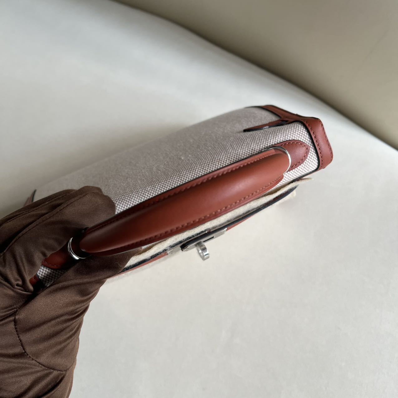 Pre-owned Certified Hermes Kelly 25 Toile Cuivre with Silver Hardware, 2022, Full Set