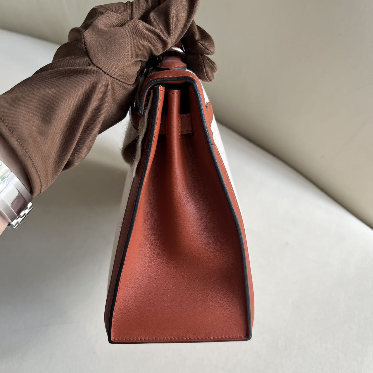 Pre-owned Certified Hermes Kelly 25 Toile Cuivre with Silver Hardware, 2022, Full Set