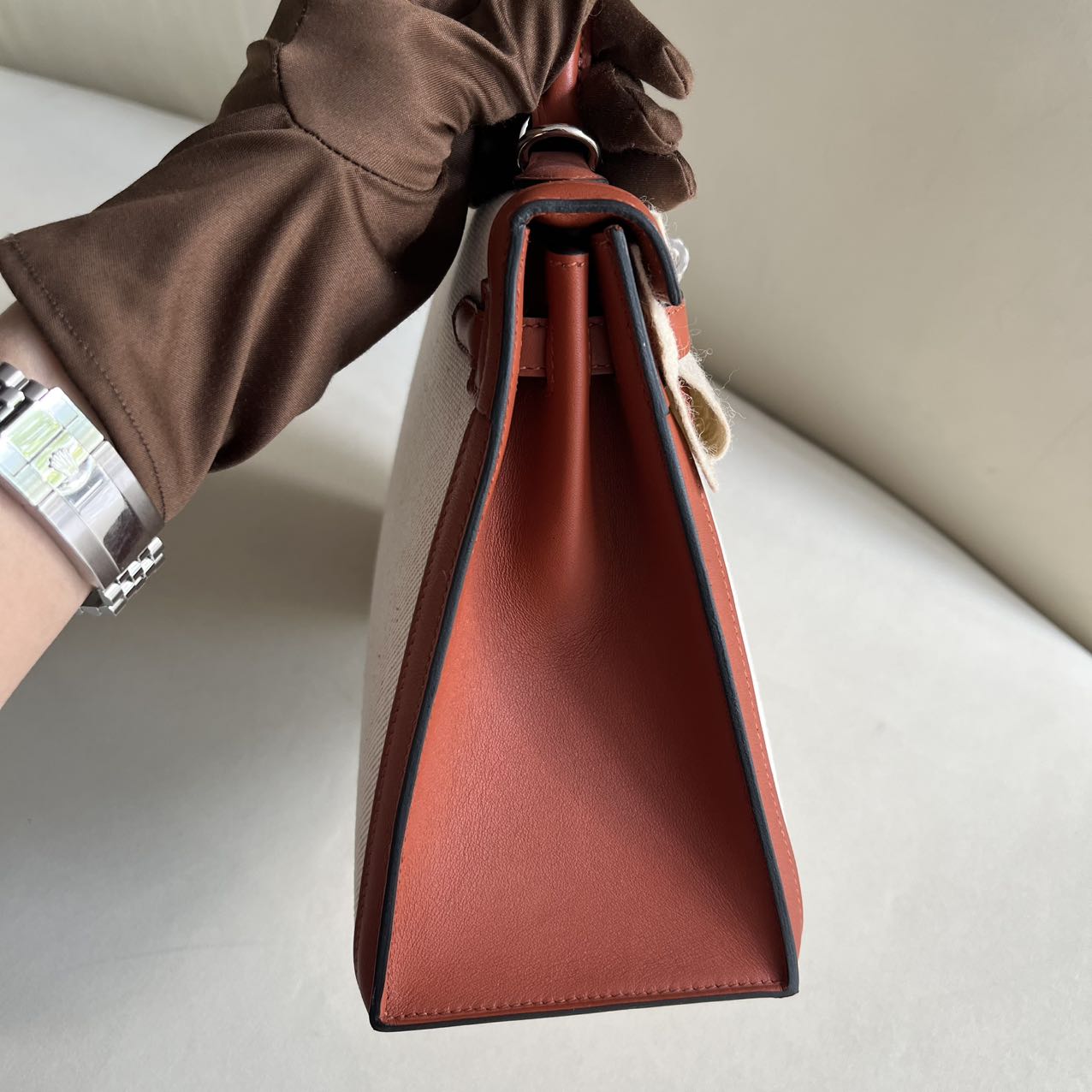 Pre-owned Certified Hermes Kelly 25 Toile Cuivre with Silver Hardware, 2022, Full Set