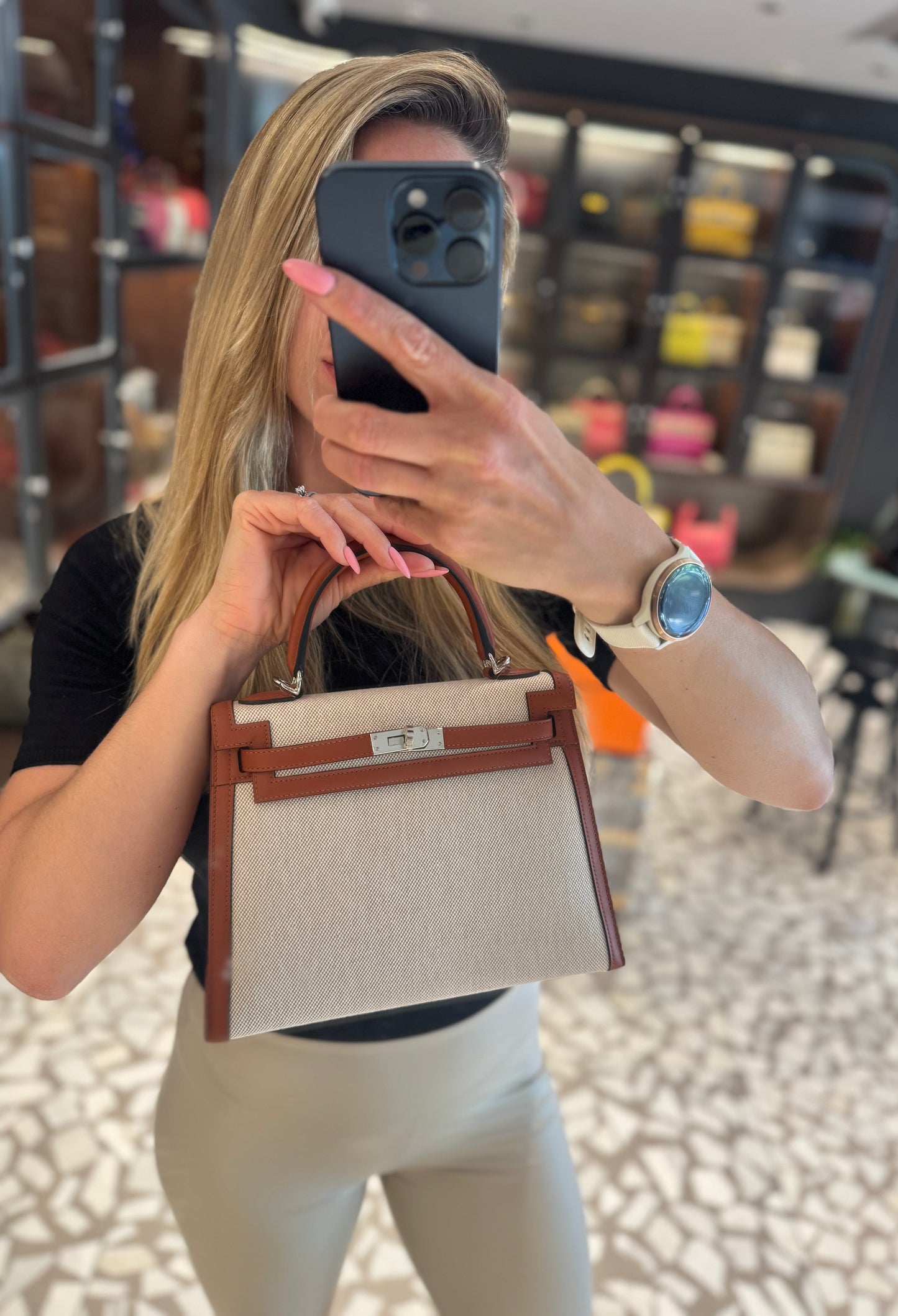 Pre-owned Certified Hermes Kelly 25 Toile Cuivre with Silver Hardware, 2022, Full Set