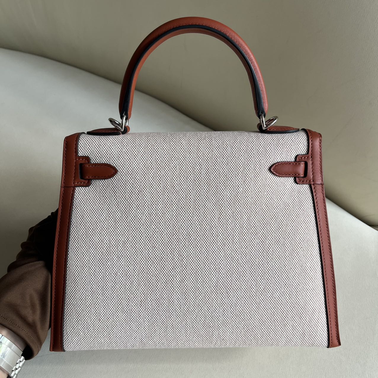 Pre-owned Certified Hermes Kelly 25 Toile Cuivre with Silver Hardware, 2022, Full Set