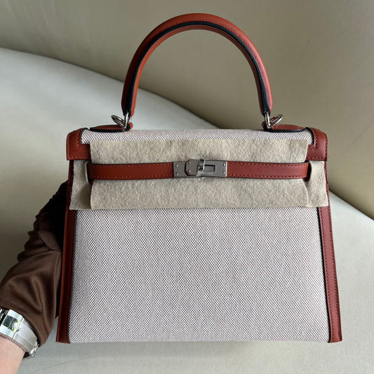 Pre-owned Certified Hermes Kelly 25 Toile Cuivre with Silver Hardware, 2022, Full Set