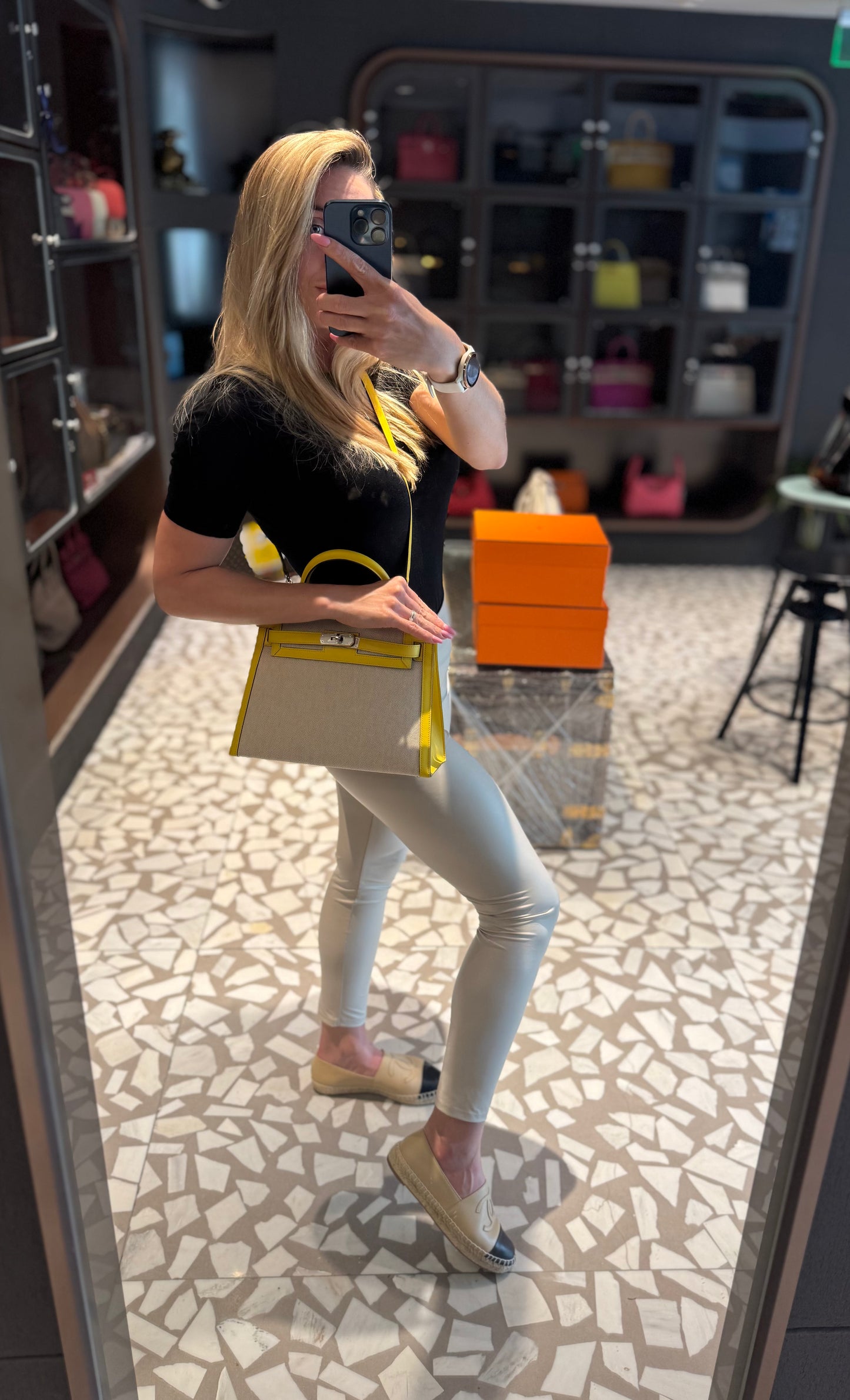 Pre-owned Certified Hermes Kelly 28 Toile, 9O Jaune de Naples with Canvas, Palladium hw, 2020, w/ dust bag, lock&key, strap