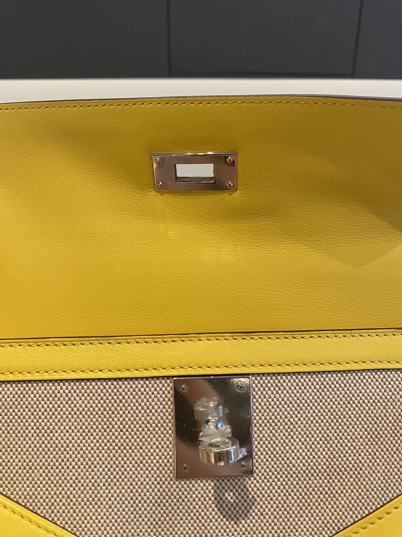 Pre-owned Certified Hermes Kelly 28 Toile, 9O Jaune de Naples with Canvas, Palladium hw, 2020, w/ dust bag, lock&key, strap