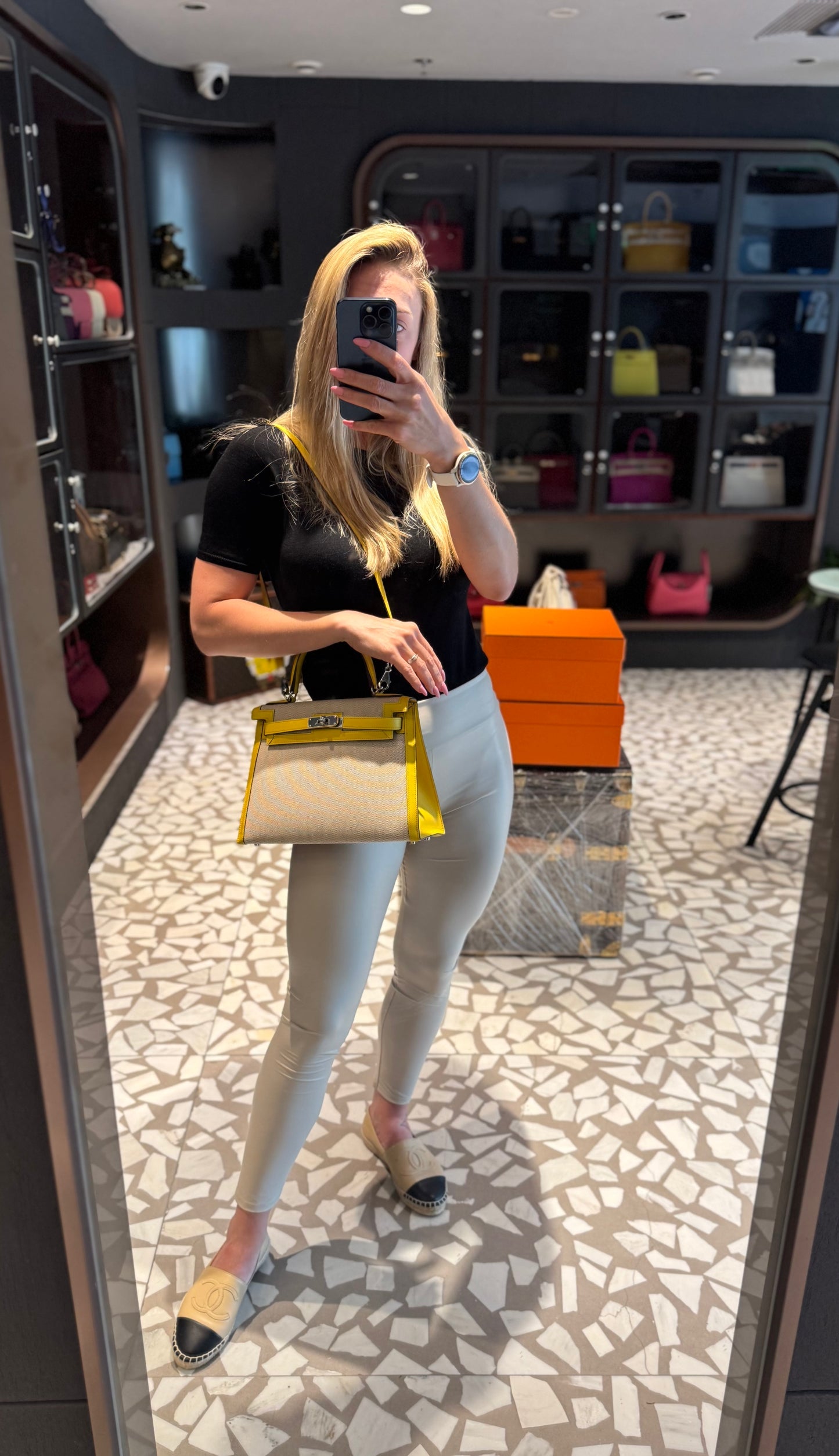 Pre-owned Certified Hermes Kelly 28 Toile, 9O Jaune de Naples with Canvas, Palladium hw, 2020, w/ dust bag, lock&key, strap