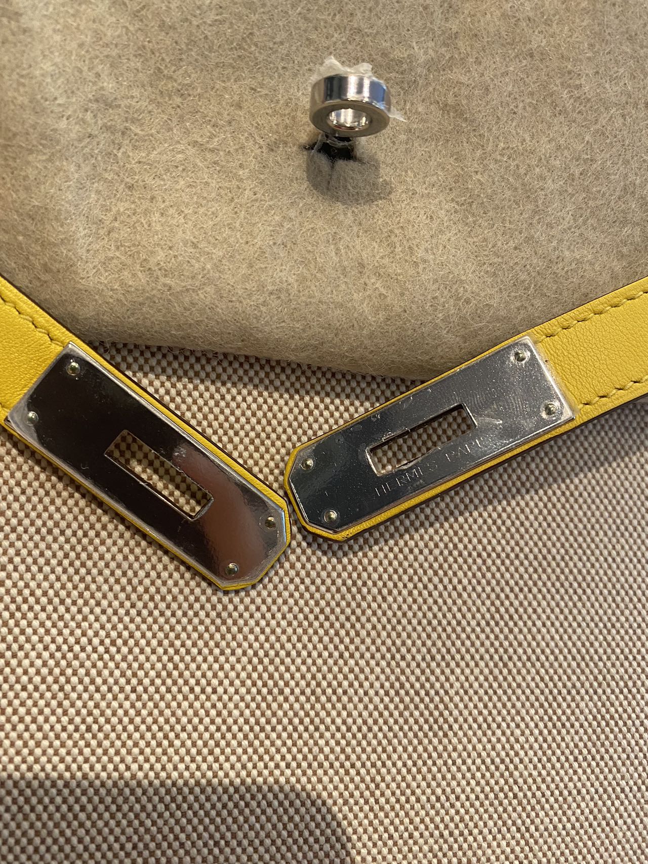 Pre-owned Certified Hermes Kelly 28 Toile, 9O Jaune de Naples with Canvas, Palladium hw, 2020, w/ dust bag, lock&key, strap