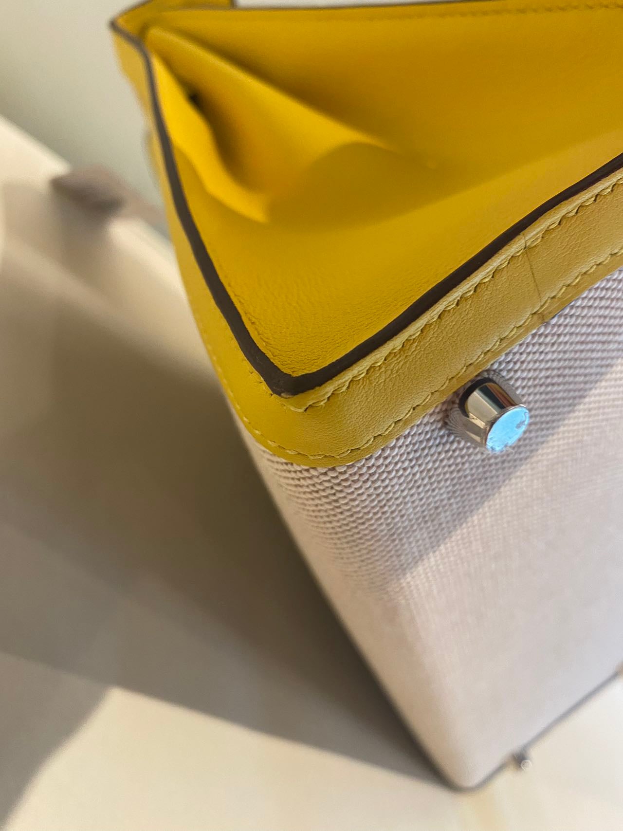 Pre-owned Certified Hermes Kelly 28 Toile, 9O Jaune de Naples with Canvas, Palladium hw, 2020, w/ dust bag, lock&key, strap