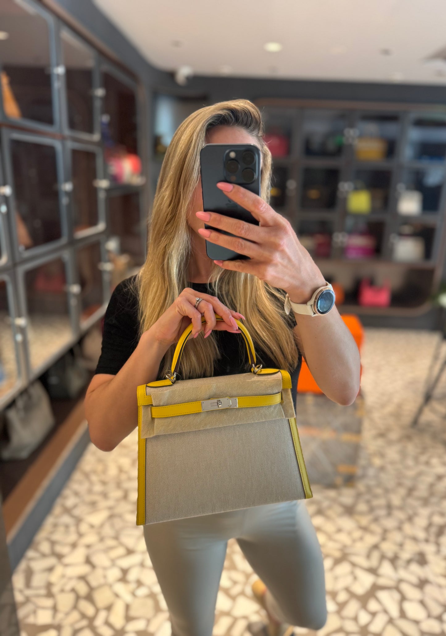 Pre-owned Certified Hermes Kelly 28 Toile, 9O Jaune de Naples with Canvas, Palladium hw, 2020, w/ dust bag, lock&key, strap