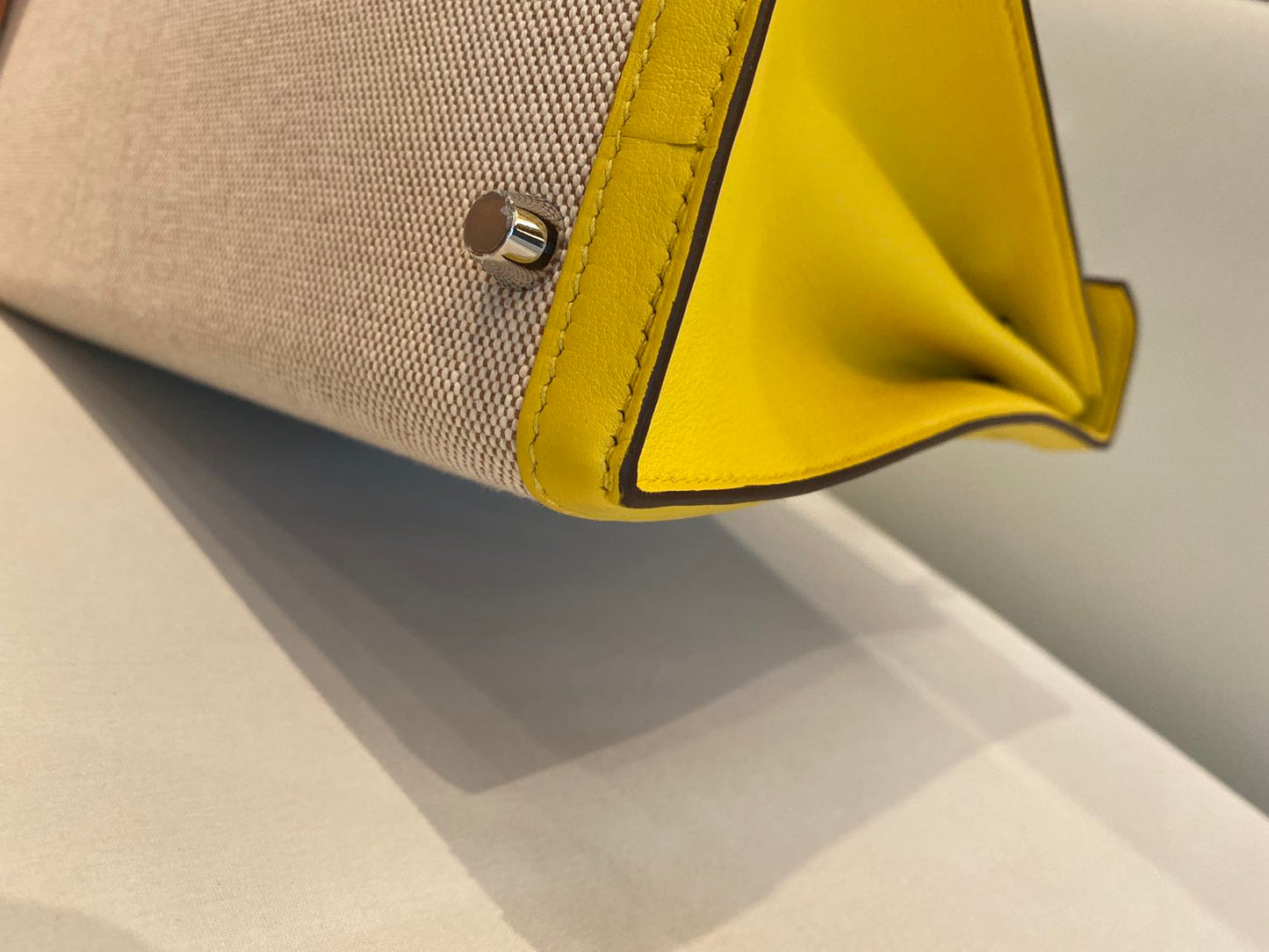 Pre-owned Certified Hermes Kelly 28 Toile, 9O Jaune de Naples with Canvas, Palladium hw, 2020, w/ dust bag, lock&key, strap