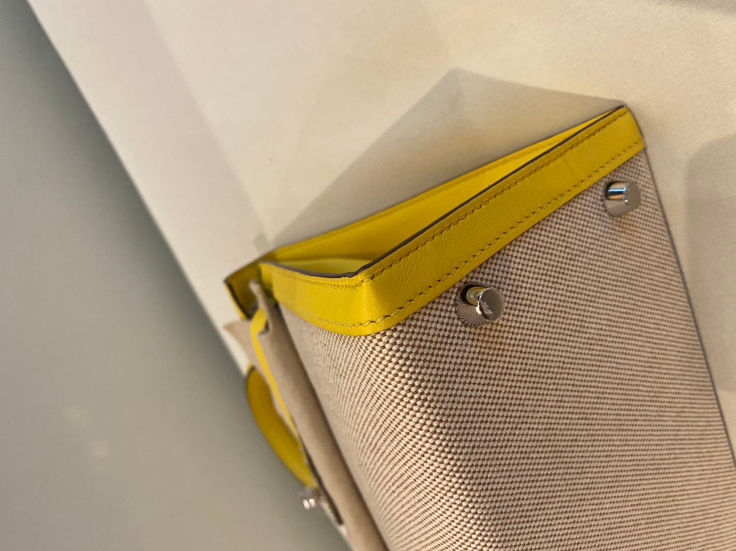 Pre-owned Certified Hermes Kelly 28 Toile, 9O Jaune de Naples with Canvas, Palladium hw, 2020, w/ dust bag, lock&key, strap