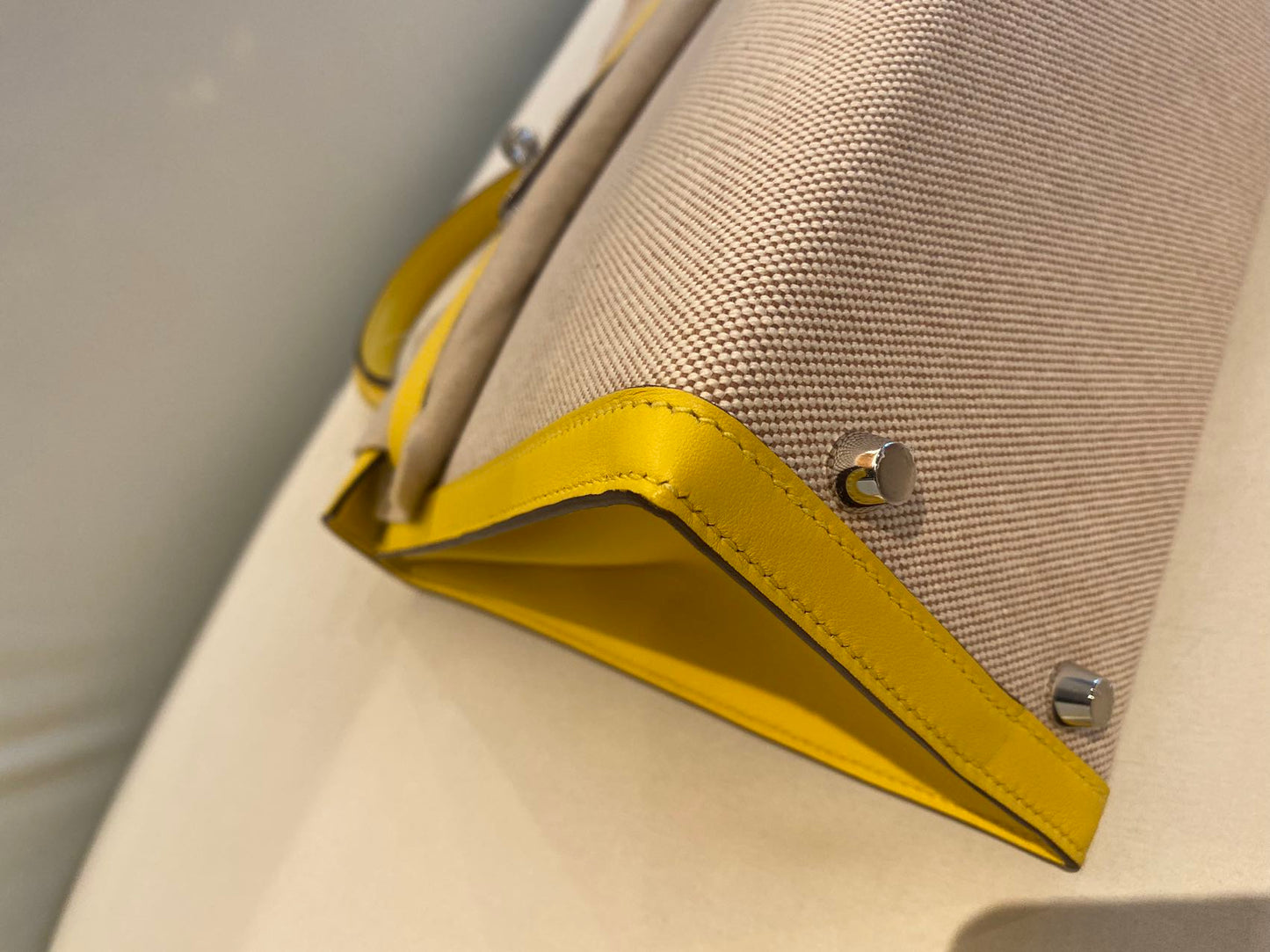 Pre-owned Certified Hermes Kelly 28 Toile, 9O Jaune de Naples with Canvas, Palladium hw, 2020, w/ dust bag, lock&key, strap