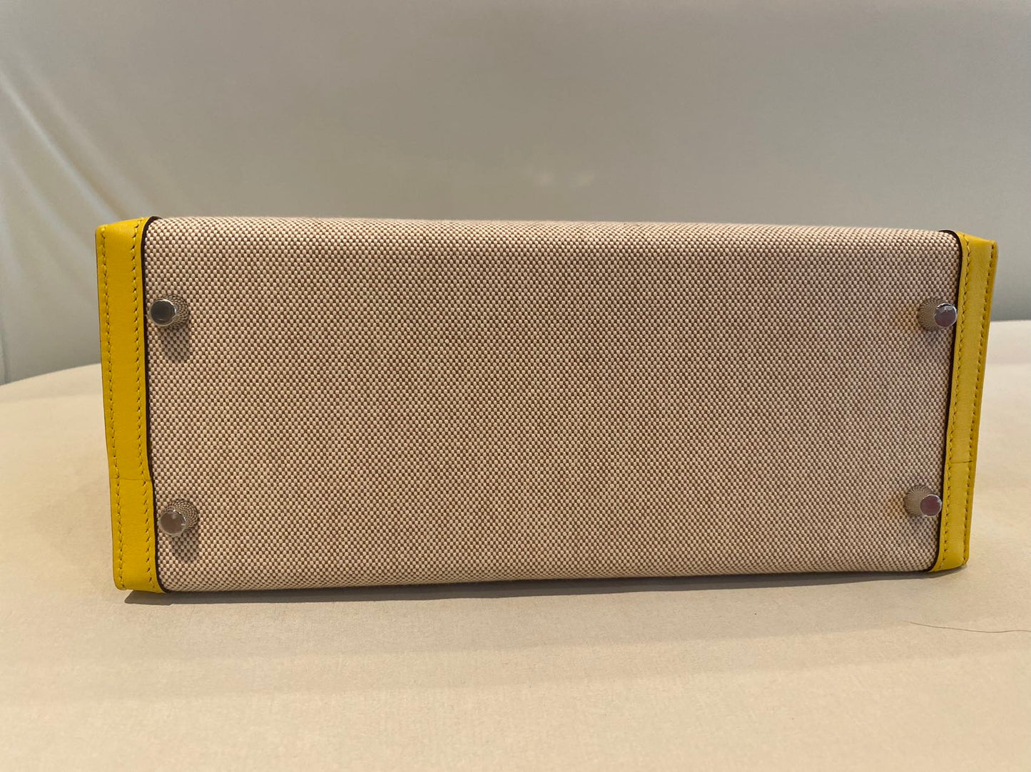 Pre-owned Certified Hermes Kelly 28 Toile, 9O Jaune de Naples with Canvas, Palladium hw, 2020, w/ dust bag, lock&key, strap