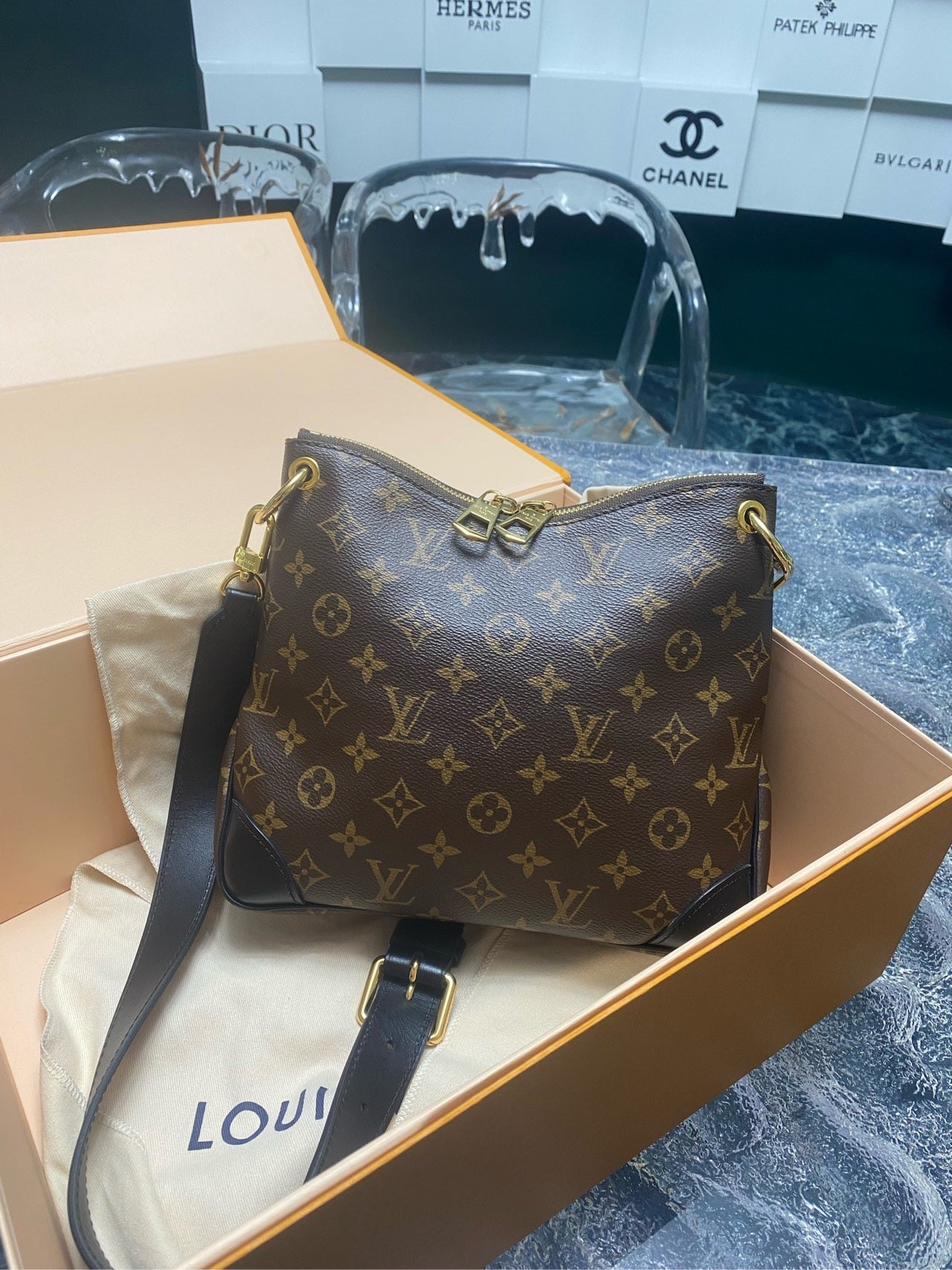 Pre-owned LV Louis Vuitton Odeon PM Monogram with Black Leather Accents, 2020, Full Set