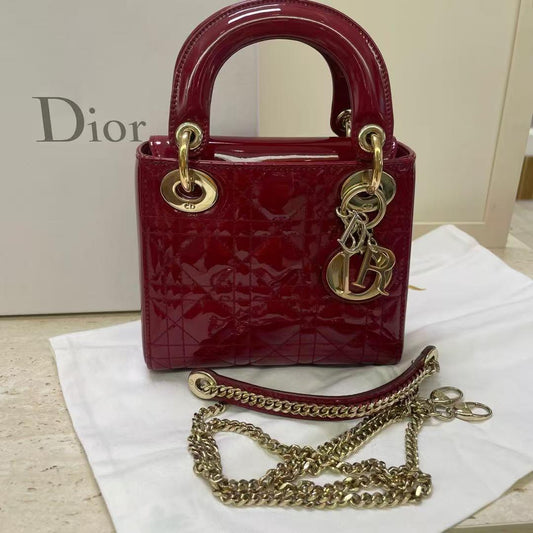 Pre-owned Certified Dior Mini Lady Dior in Dark Cherry Red Patent Leather with Golden Hardware, 2017, Full Set