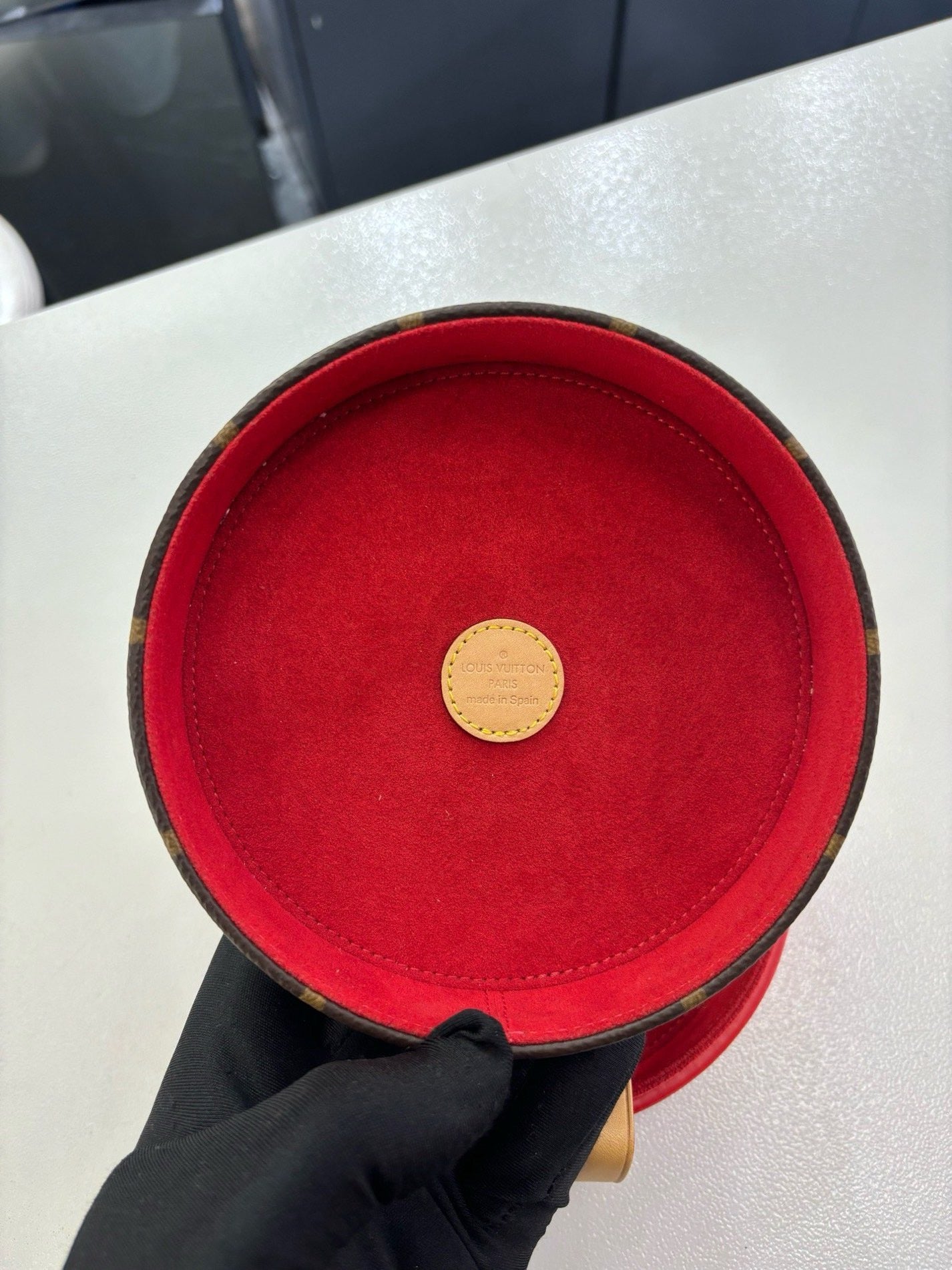 Pre-owned Certified Louis Vuitton LV Round Jewellery Box in Monogram with Red Calfskin, 2019, w/ lock&key, dust bag
