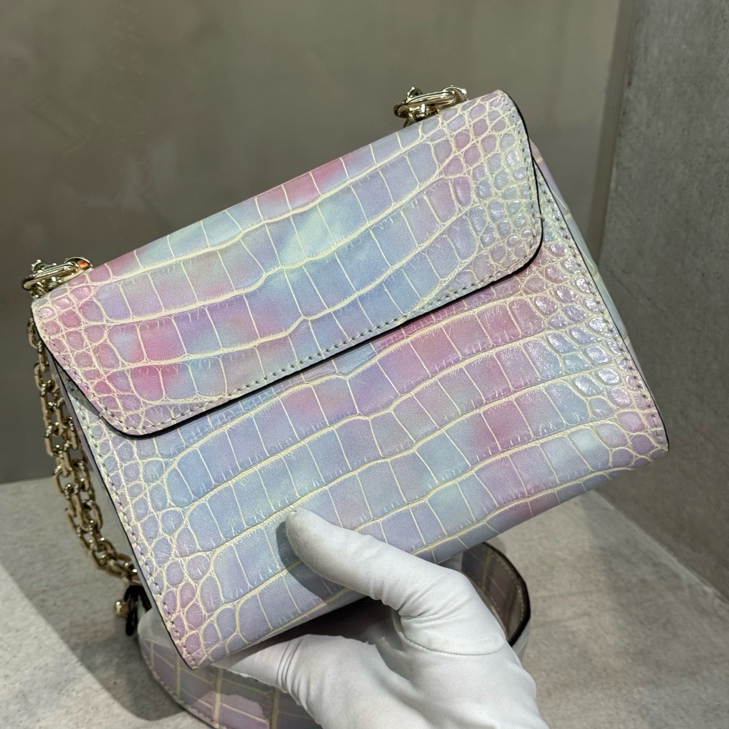 Pre-owned Certified LV Louis Vuitton PM Twist in Natural Alligator Multicolore Rainbow Light Golden Hardware, Microchipped, Full Set