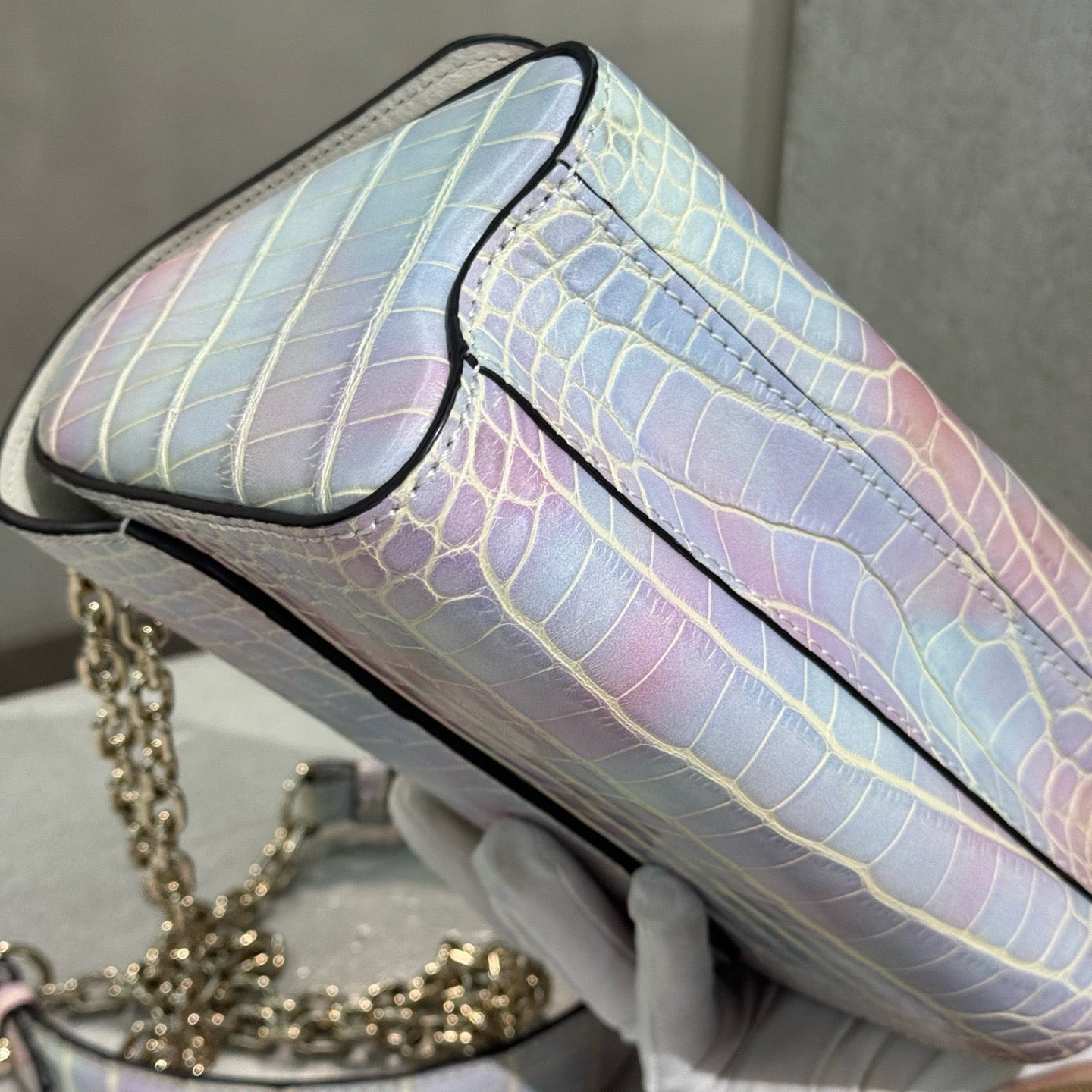 Pre-owned Certified LV Louis Vuitton PM Twist in Natural Alligator Multicolore Rainbow Light Golden Hardware, Microchipped, Full Set