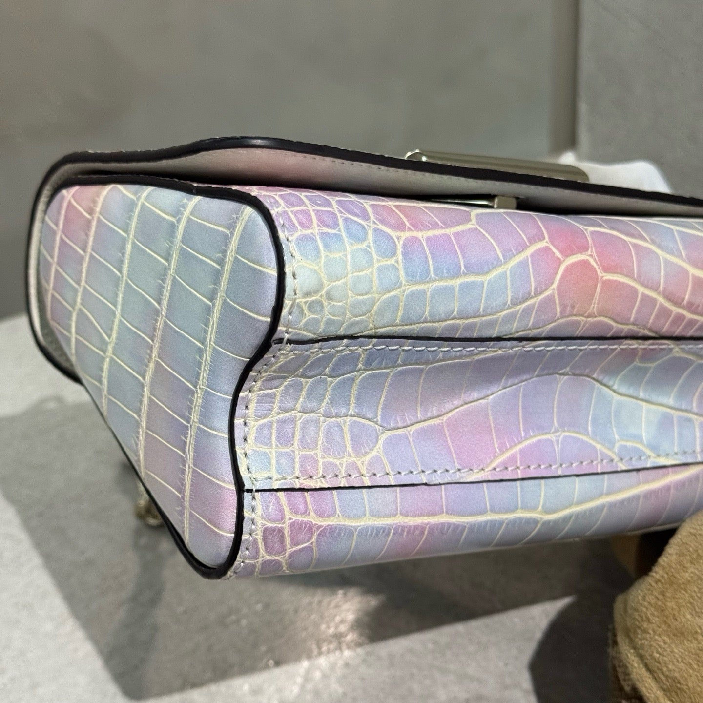 Pre-owned Certified LV Louis Vuitton PM Twist in Natural Alligator Multicolore Rainbow Light Golden Hardware, Microchipped, Full Set