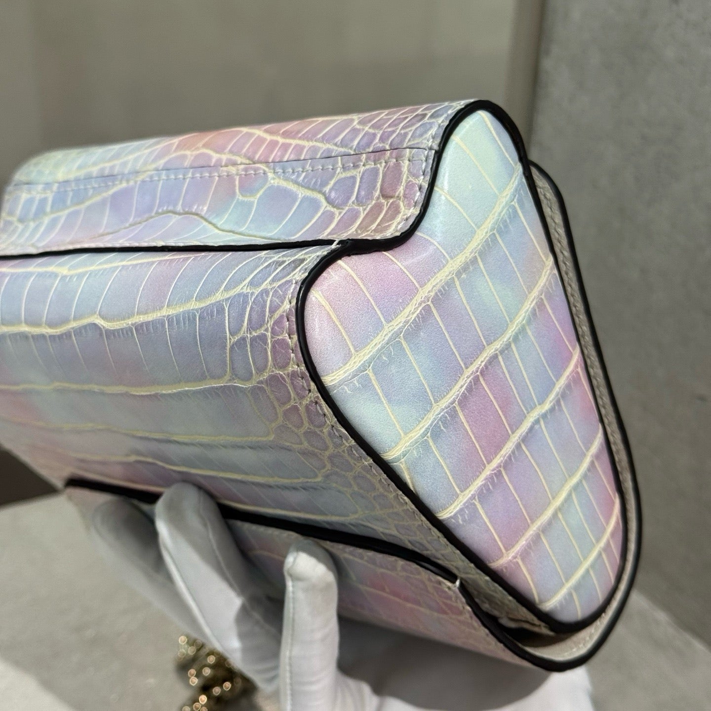 Pre-owned Certified LV Louis Vuitton PM Twist in Natural Alligator Multicolore Rainbow Light Golden Hardware, Microchipped, Full Set