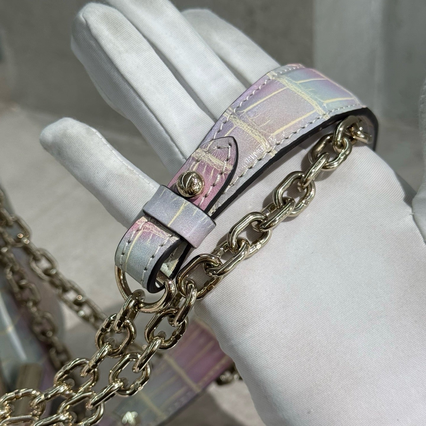 Pre-owned Certified LV Louis Vuitton PM Twist in Natural Alligator Multicolore Rainbow Light Golden Hardware, Microchipped, Full Set