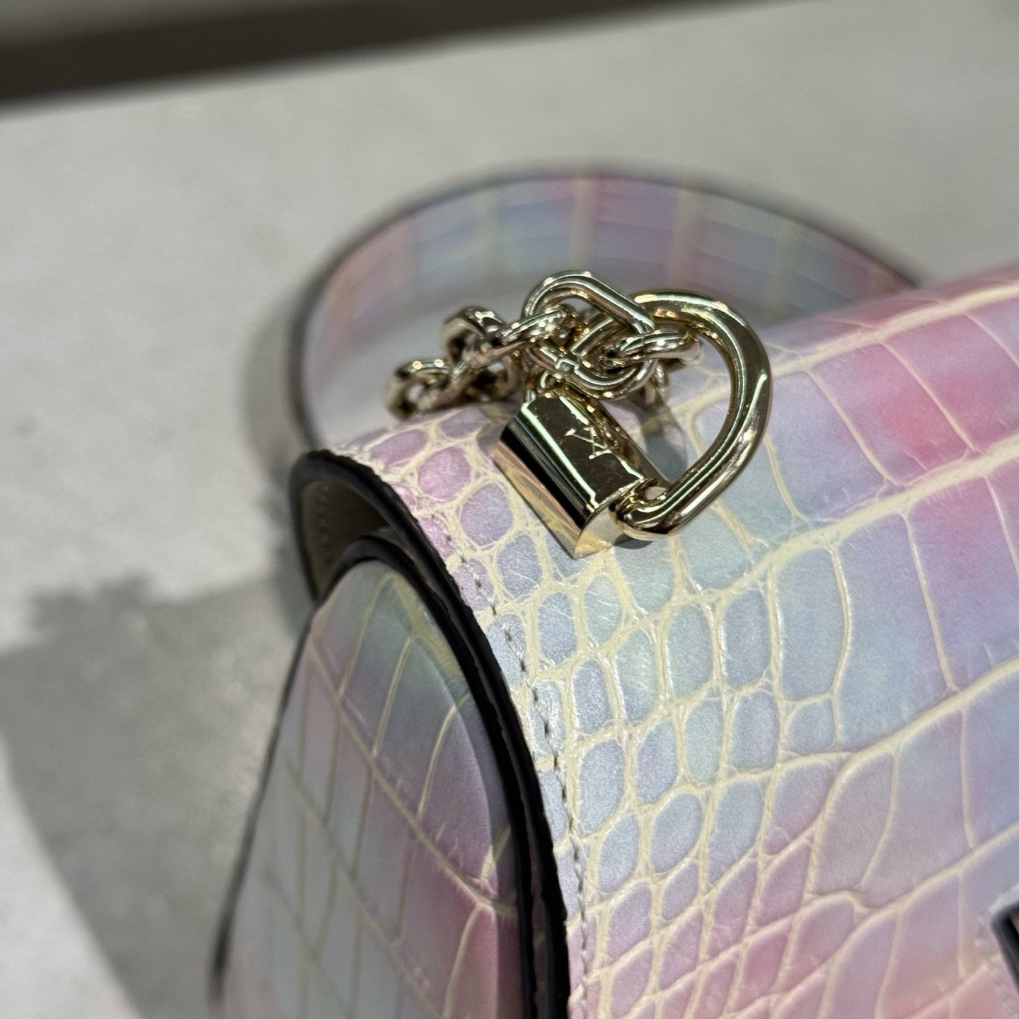 Pre-owned Certified LV Louis Vuitton PM Twist in Natural Alligator Multicolore Rainbow Light Golden Hardware, Microchipped, Full Set