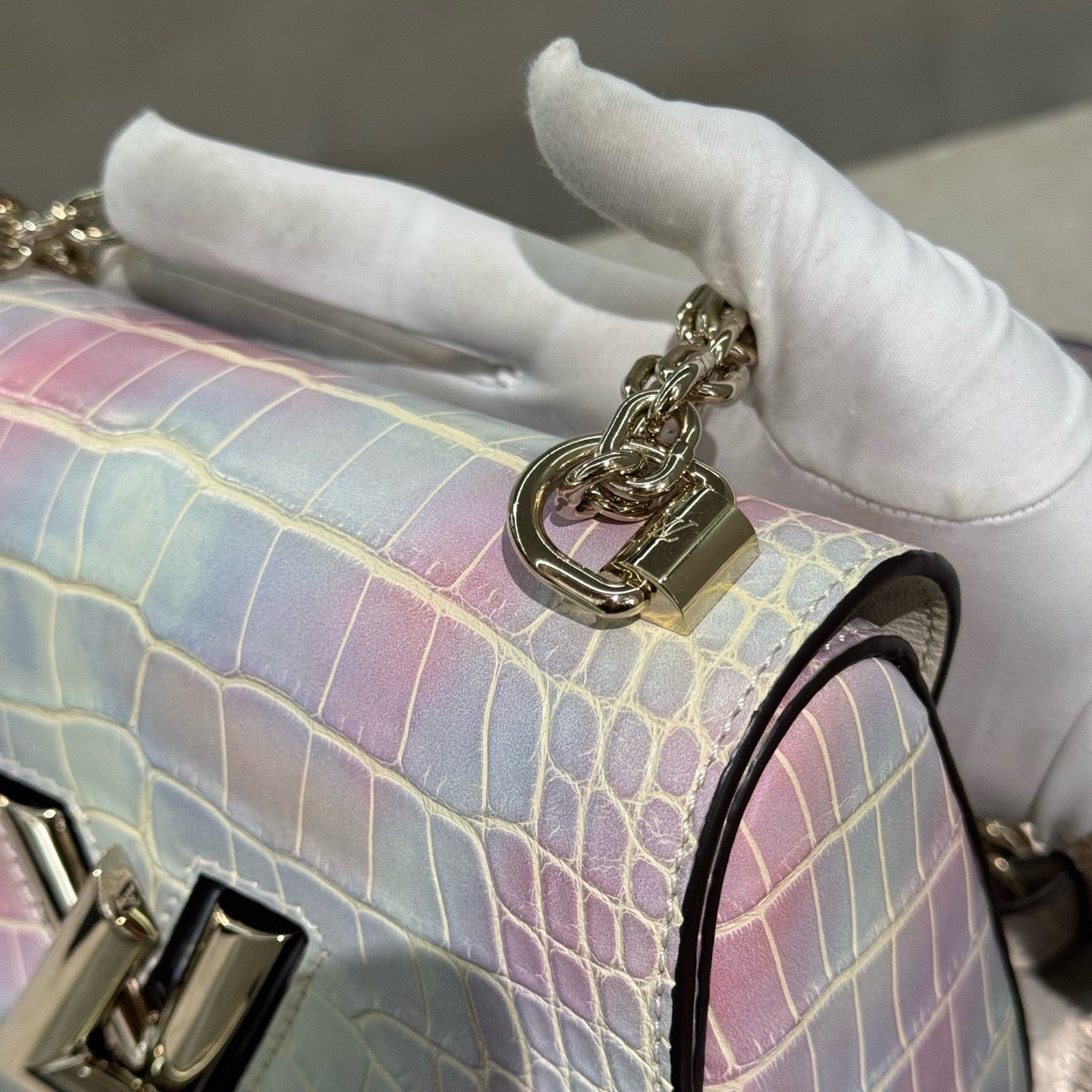 Pre-owned Certified LV Louis Vuitton PM Twist in Natural Alligator Multicolore Rainbow Light Golden Hardware, Microchipped, Full Set