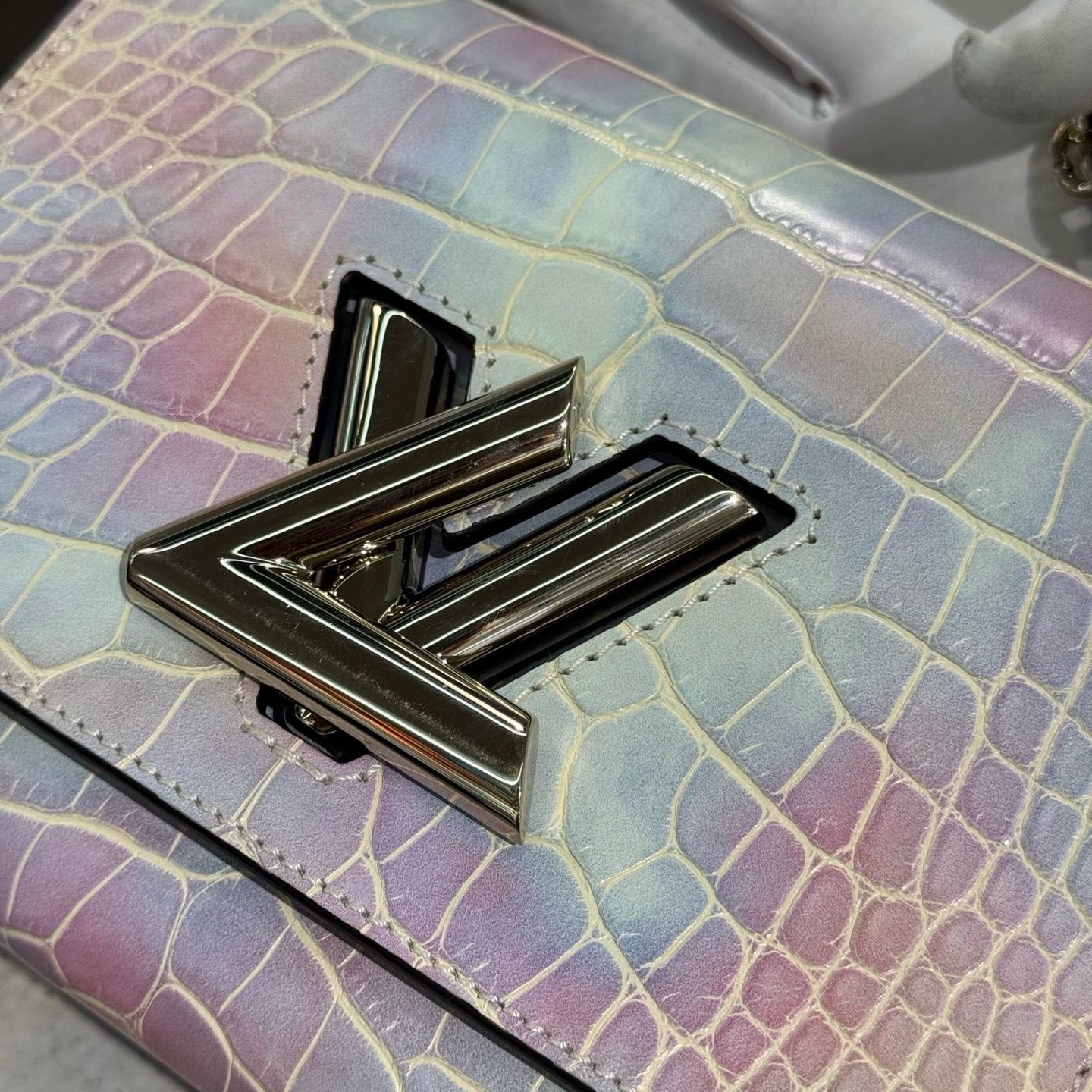 Pre-owned Certified LV Louis Vuitton PM Twist in Natural Alligator Multicolore Rainbow Light Golden Hardware, Microchipped, Full Set
