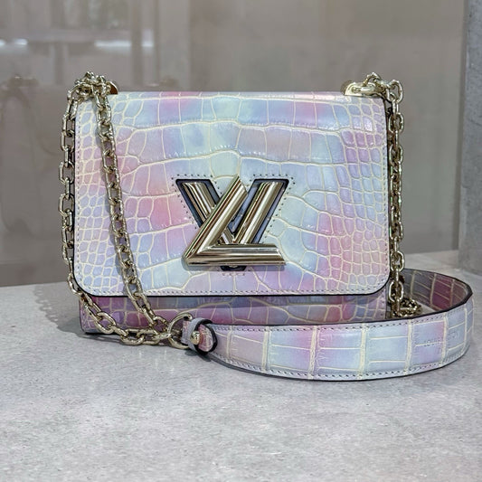 Pre-owned Certified LV Louis Vuitton PM Twist in Natural Alligator Multicolore Rainbow Light Golden Hardware, Microchipped, Full Set