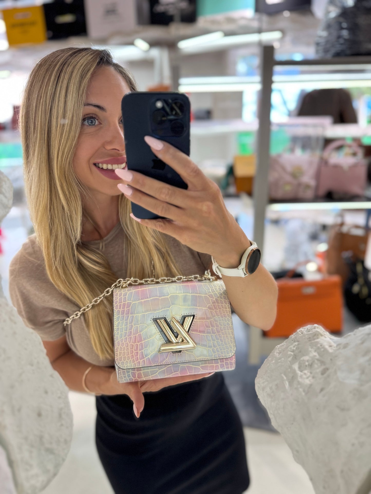 Pre-owned Certified LV Louis Vuitton PM Twist in Natural Alligator Multicolore Rainbow Light Golden Hardware, Microchipped, Full Set