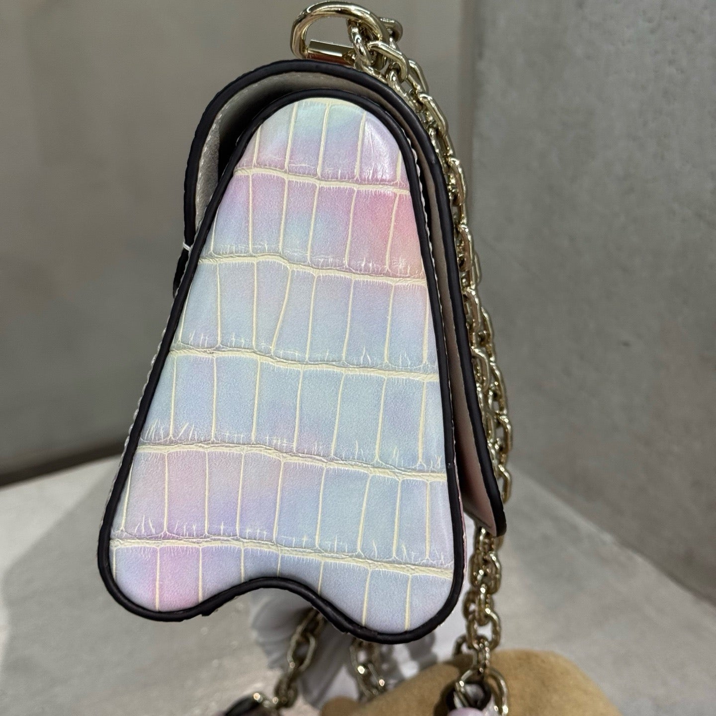 Pre-owned Certified LV Louis Vuitton PM Twist in Natural Alligator Multicolore Rainbow Light Golden Hardware, Microchipped, Full Set