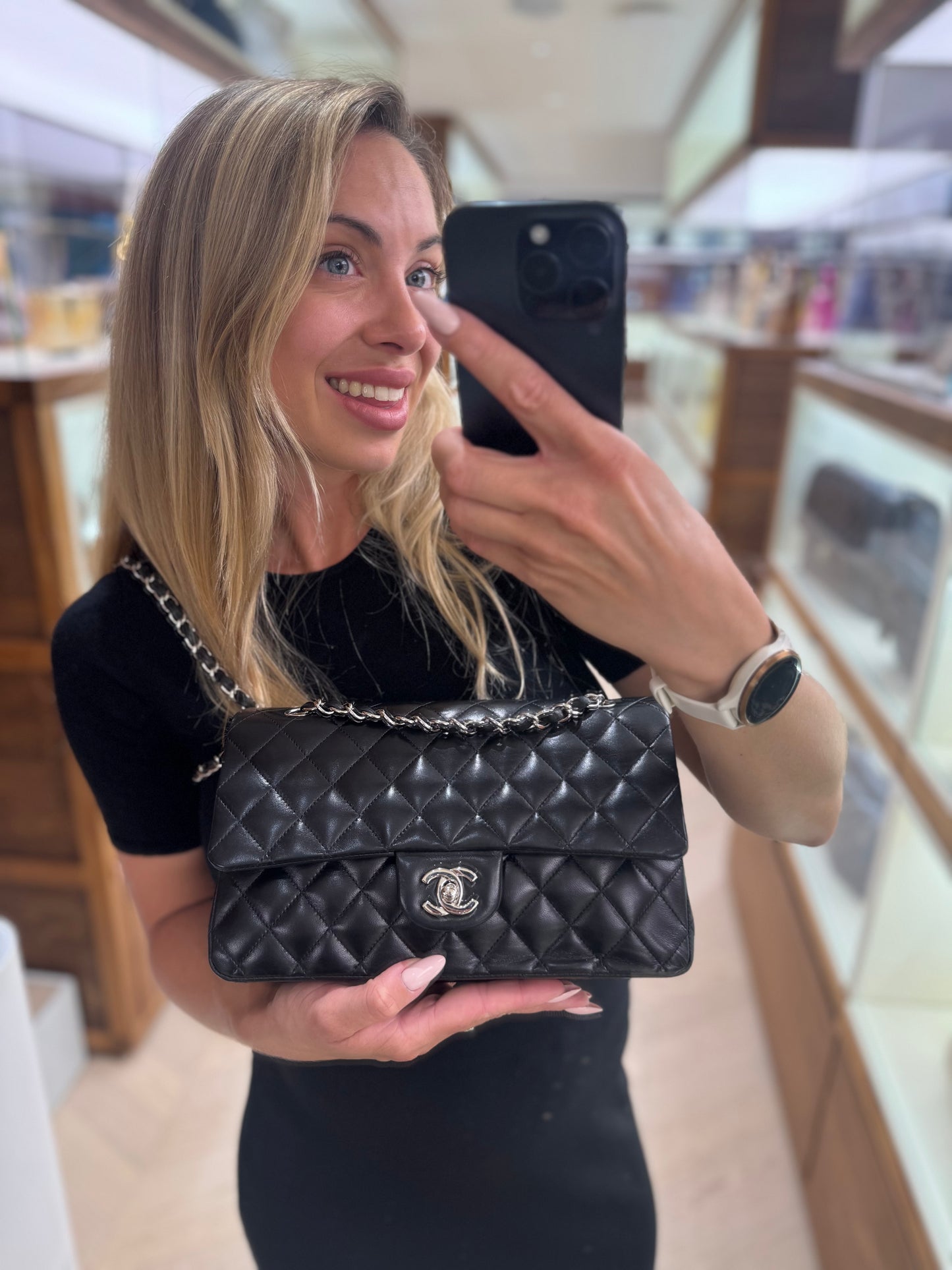 Pre-owned Certified Chanel Classic Flap CF Medium Black Lambskin Silver Hardware, 2008-2009, w/ Full Set - Chanel Card, Box, Dust Bag