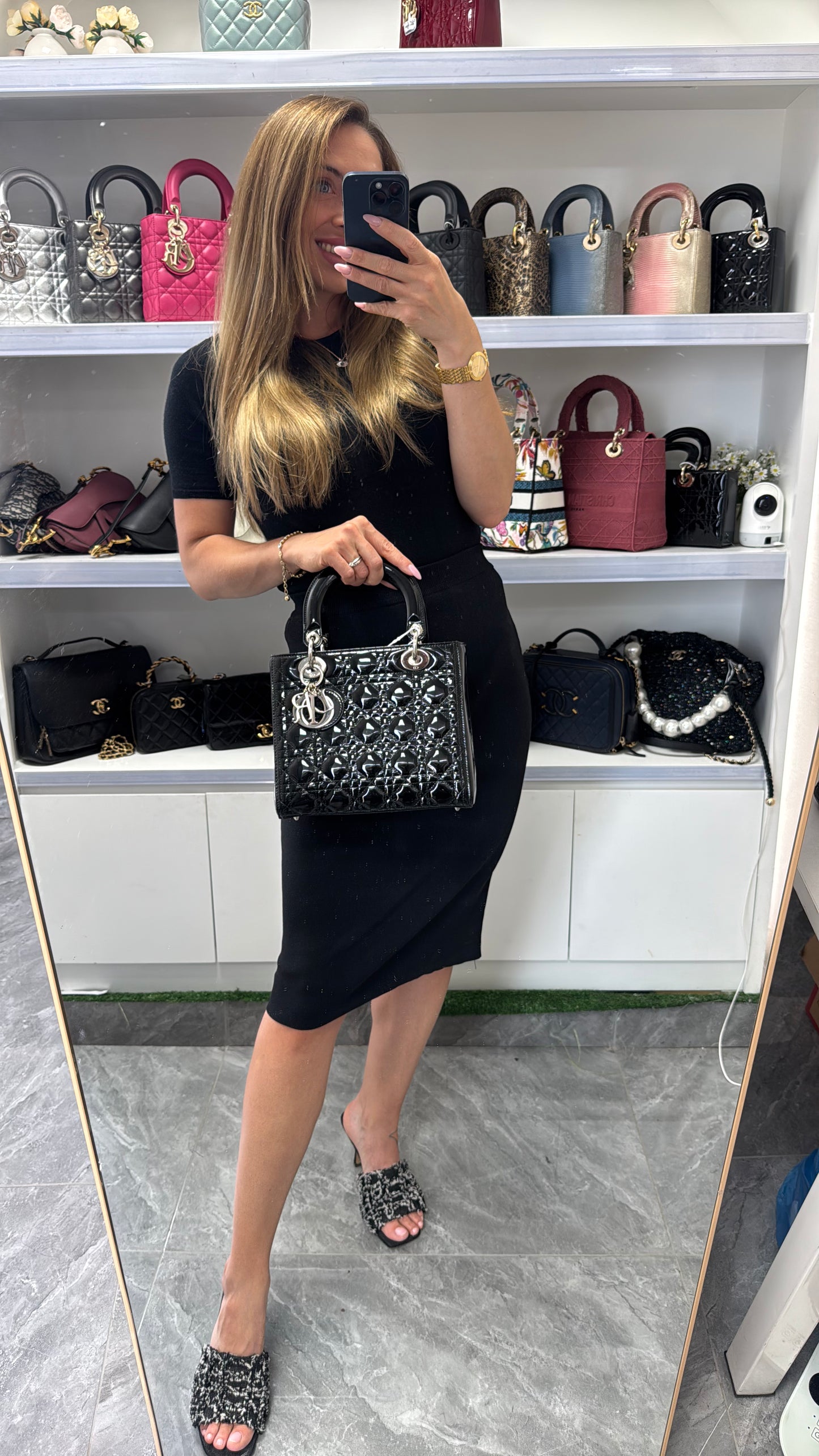 Pre-owned Certified Dior Medium Lady Dior Black Patent Leather with Silver Hardware, 2015, w/ dust bag, strap