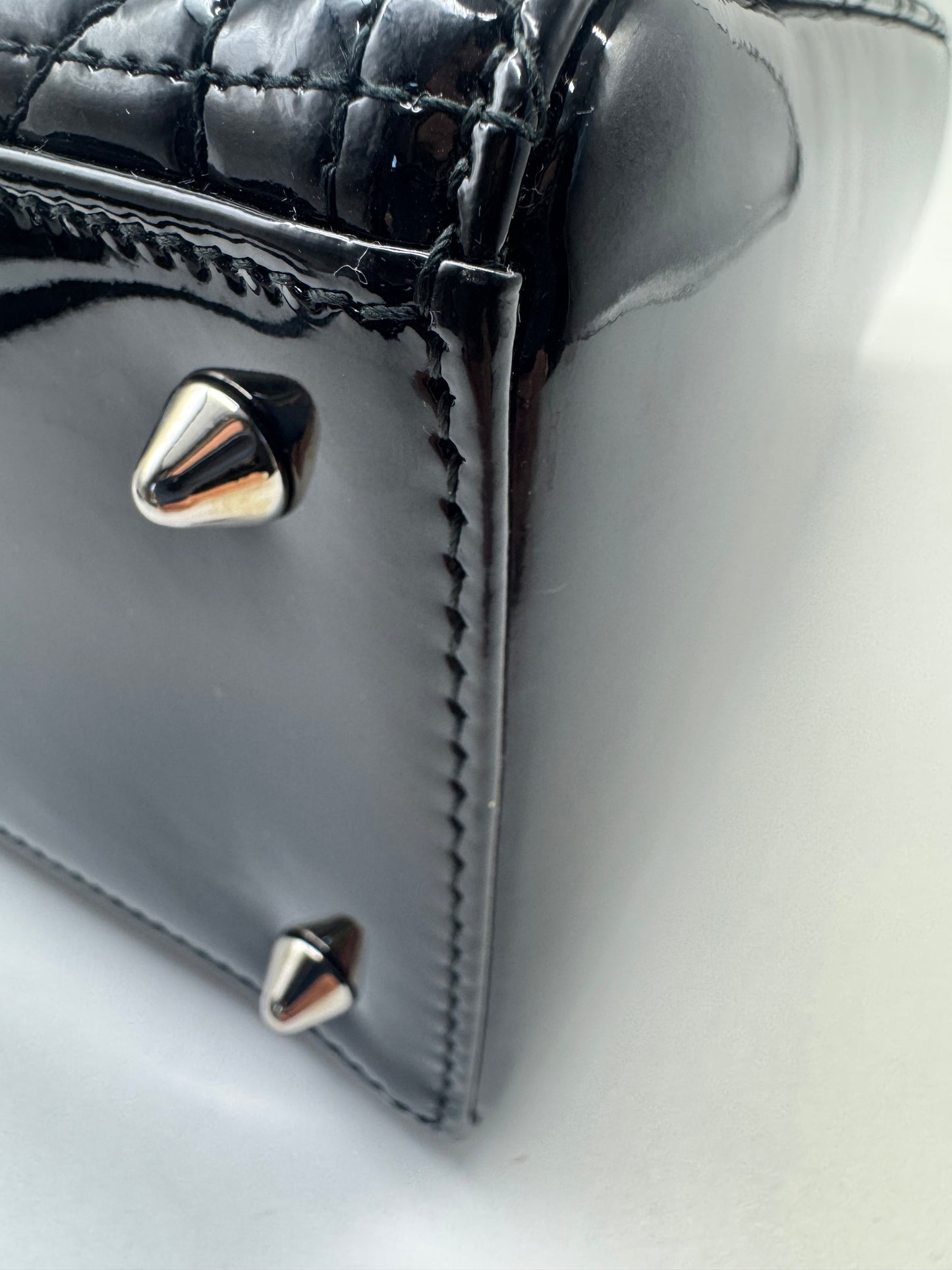 Pre-owned Certified Dior Medium Lady Dior Black Patent Leather with Silver Hardware, 2015, w/ dust bag, strap