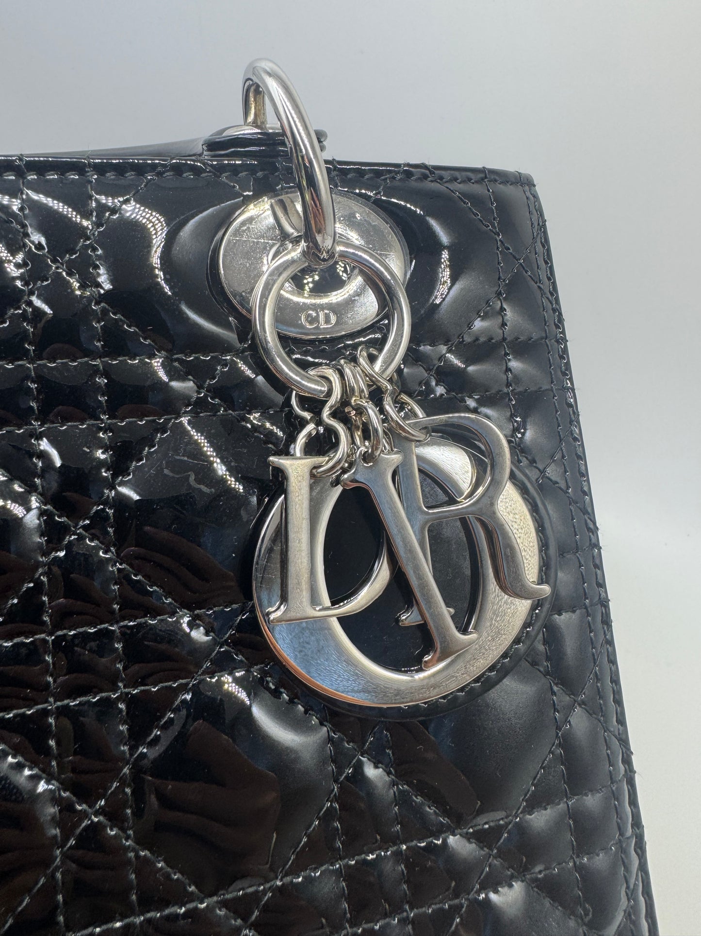 Pre-owned Certified Dior Medium Lady Dior Black Patent Leather with Silver Hardware, 2015, w/ dust bag, strap
