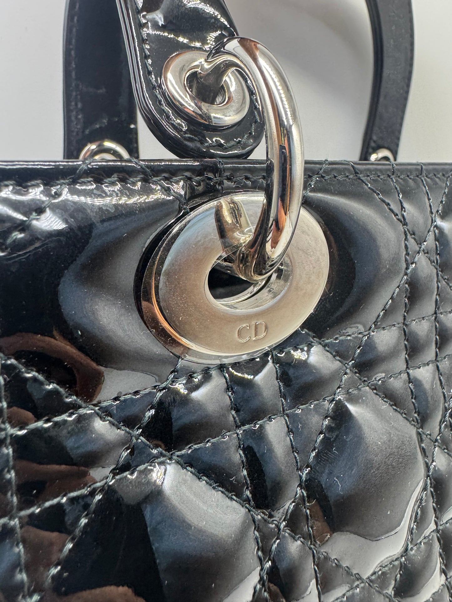 Pre-owned Certified Dior Medium Lady Dior Black Patent Leather with Silver Hardware, 2015, w/ dust bag, strap