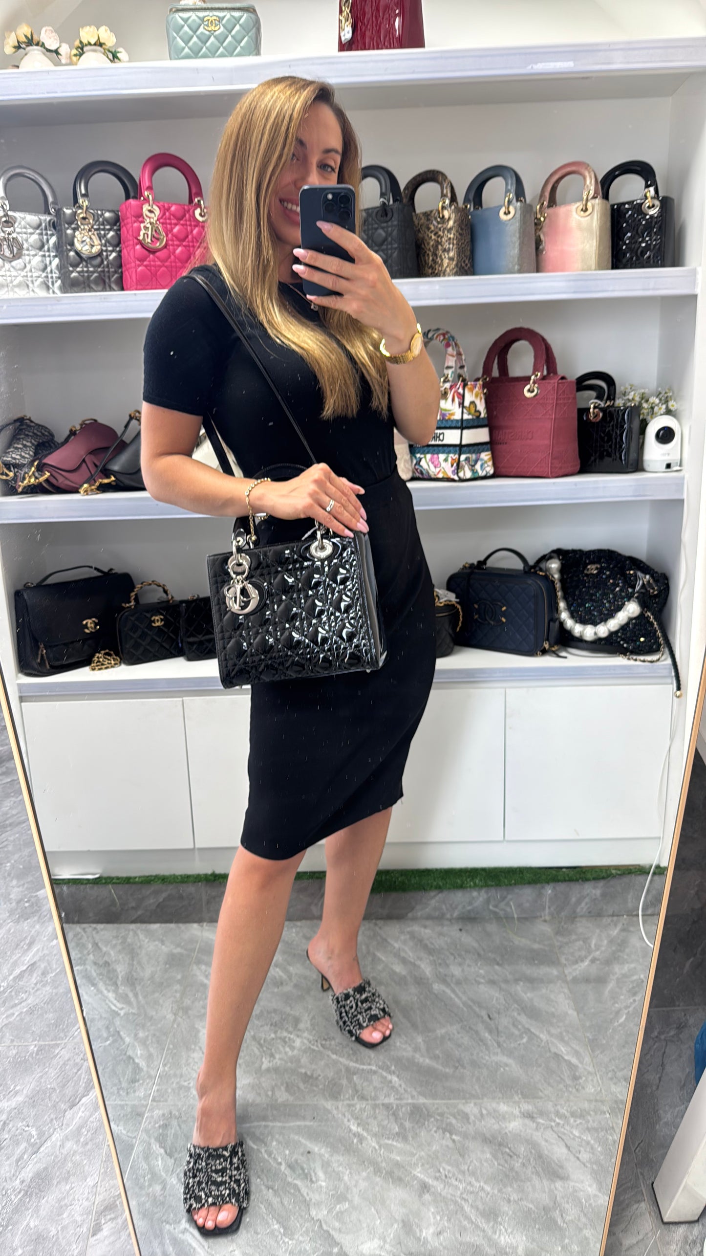 Pre-owned Certified Dior Medium Lady Dior Black Patent Leather with Silver Hardware, 2015, w/ dust bag, strap
