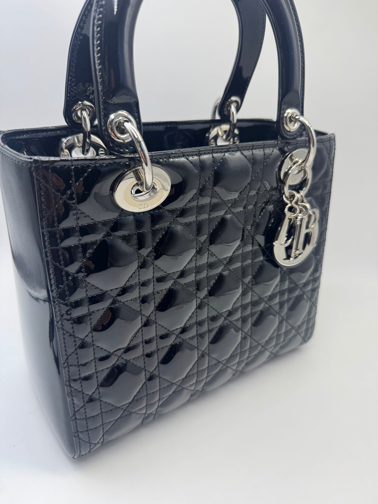 Pre-owned Certified Dior Medium Lady Dior Black Patent Leather with Silver Hardware, 2015, w/ dust bag, strap