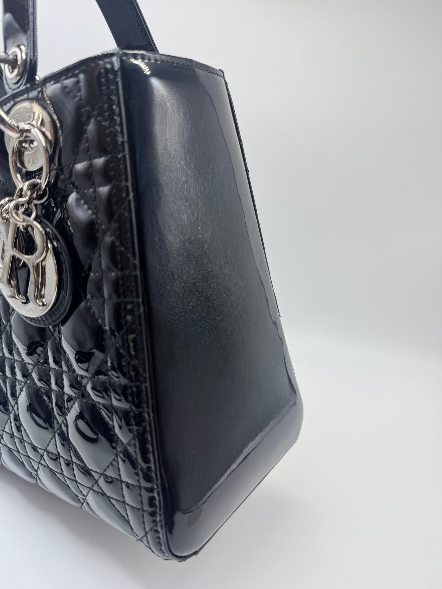 Pre-owned Certified Dior Medium Lady Dior Black Patent Leather with Silver Hardware, 2015, w/ dust bag, strap