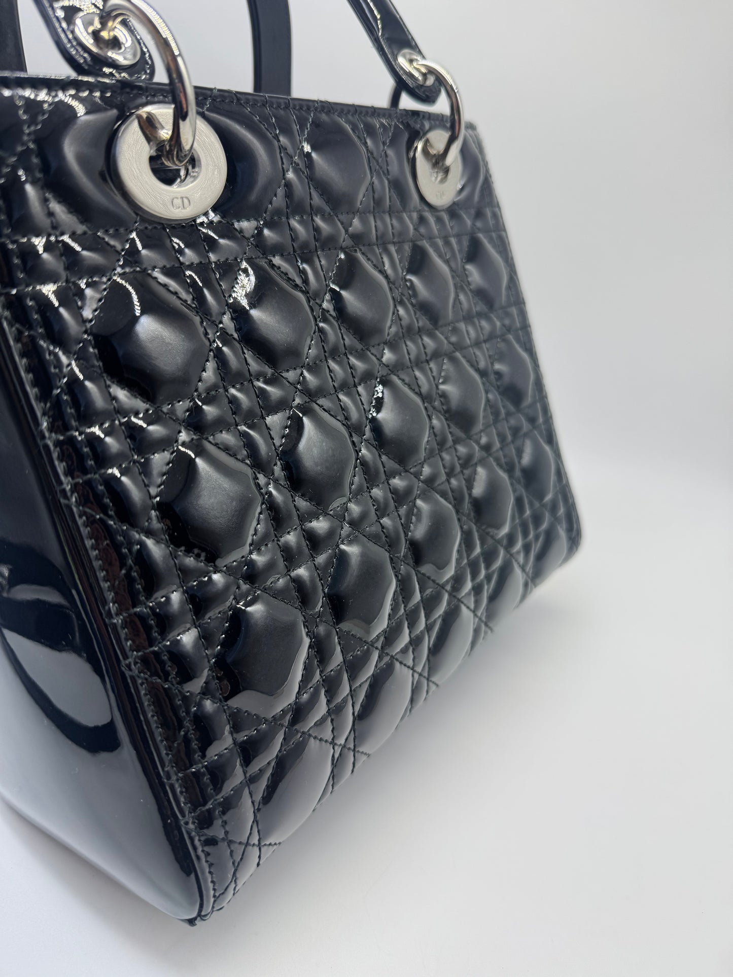 Pre-owned Certified Dior Medium Lady Dior Black Patent Leather with Silver Hardware, 2015, w/ dust bag, strap
