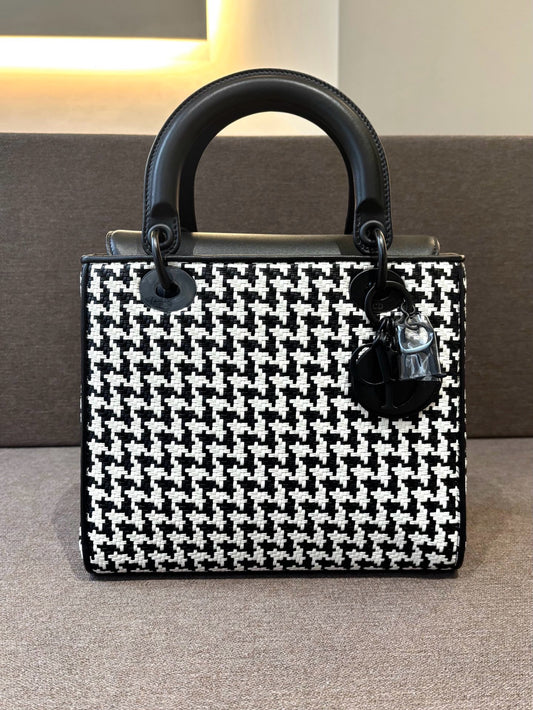 Pre-owned Certified Dior Limited Edition Medium Lady Dior Lambskin Woven Houndstooth with So Black Hardware, 2019, Full Set