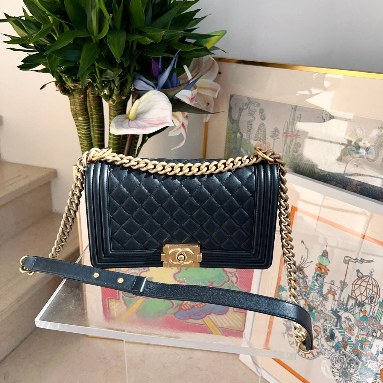Pre-owned Chanel Le Boy Medium Black Calfskin with Golden Hardware, mid-2019, Full Set