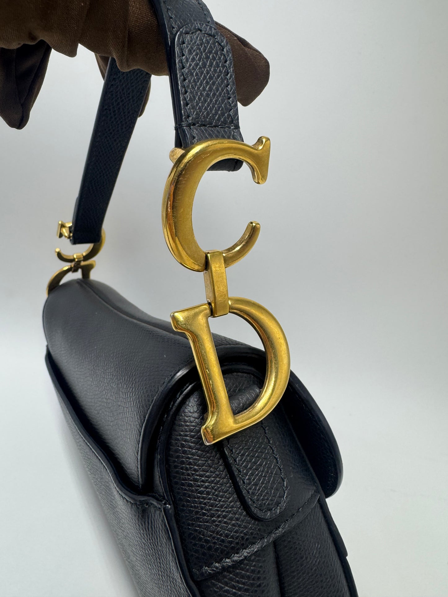 Pre-owned Certified Dior Mini Saddle Black Grained Calfskin with Golden Hardware, set with Canvas Strap, 2018, w/ dust bag, strap