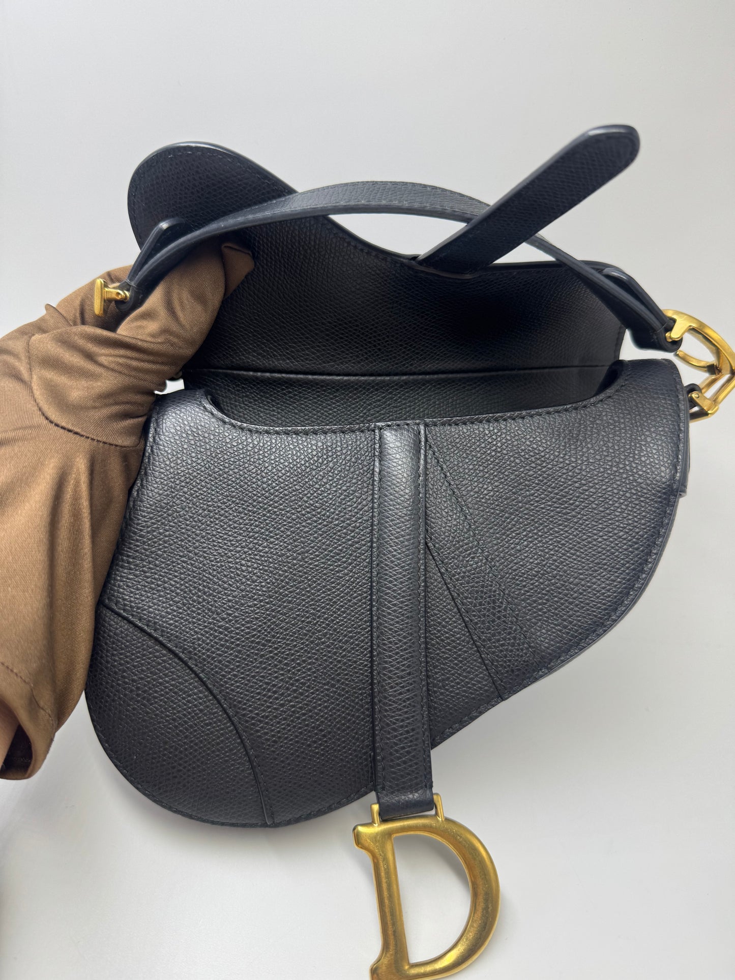 Pre-owned Certified Dior Mini Saddle Black Grained Calfskin with Golden Hardware, set with Canvas Strap, 2018, w/ dust bag, strap