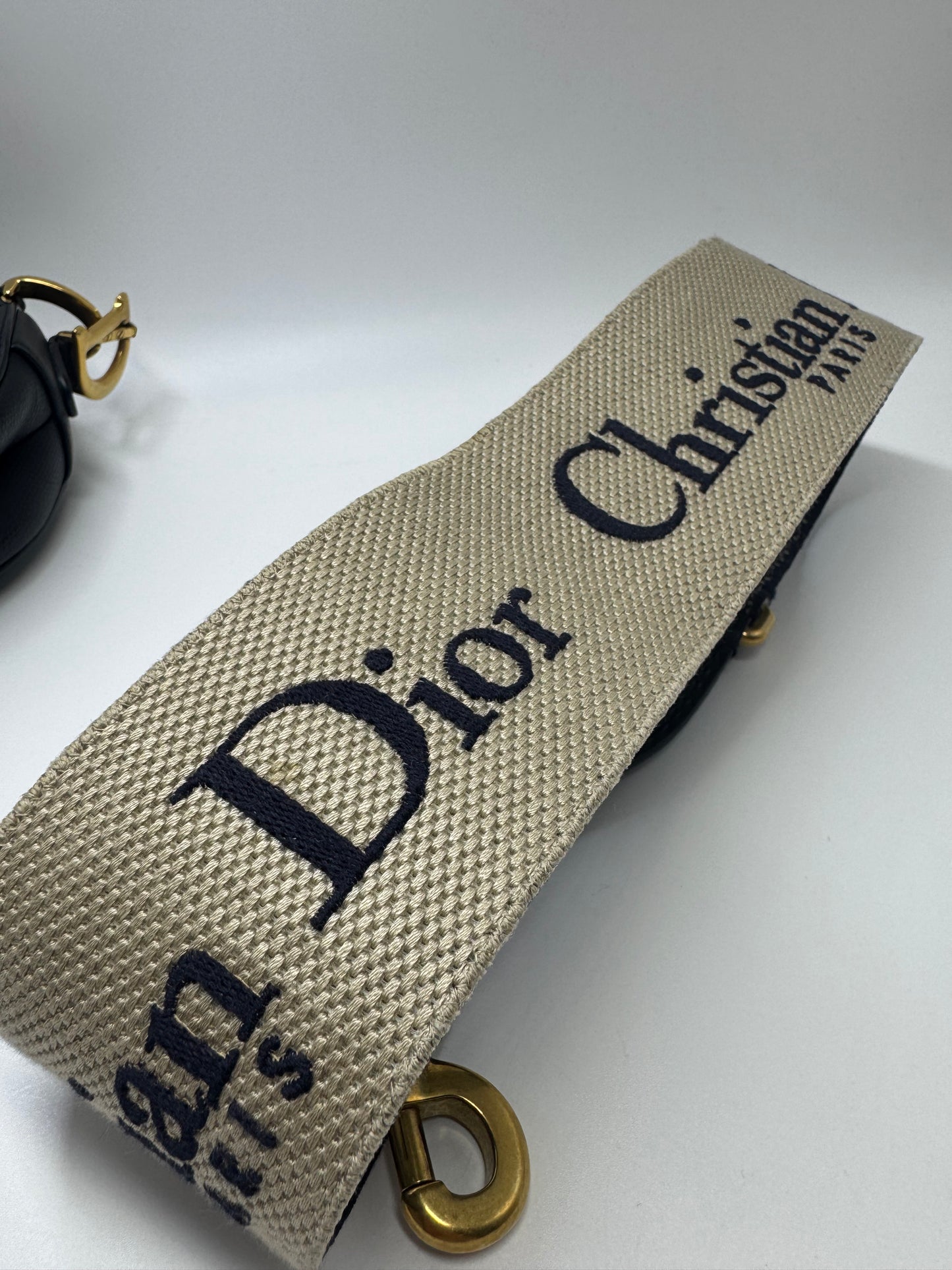 Pre-owned Certified Dior Mini Saddle Black Grained Calfskin with Golden Hardware, set with Canvas Strap, 2018, w/ dust bag, strap