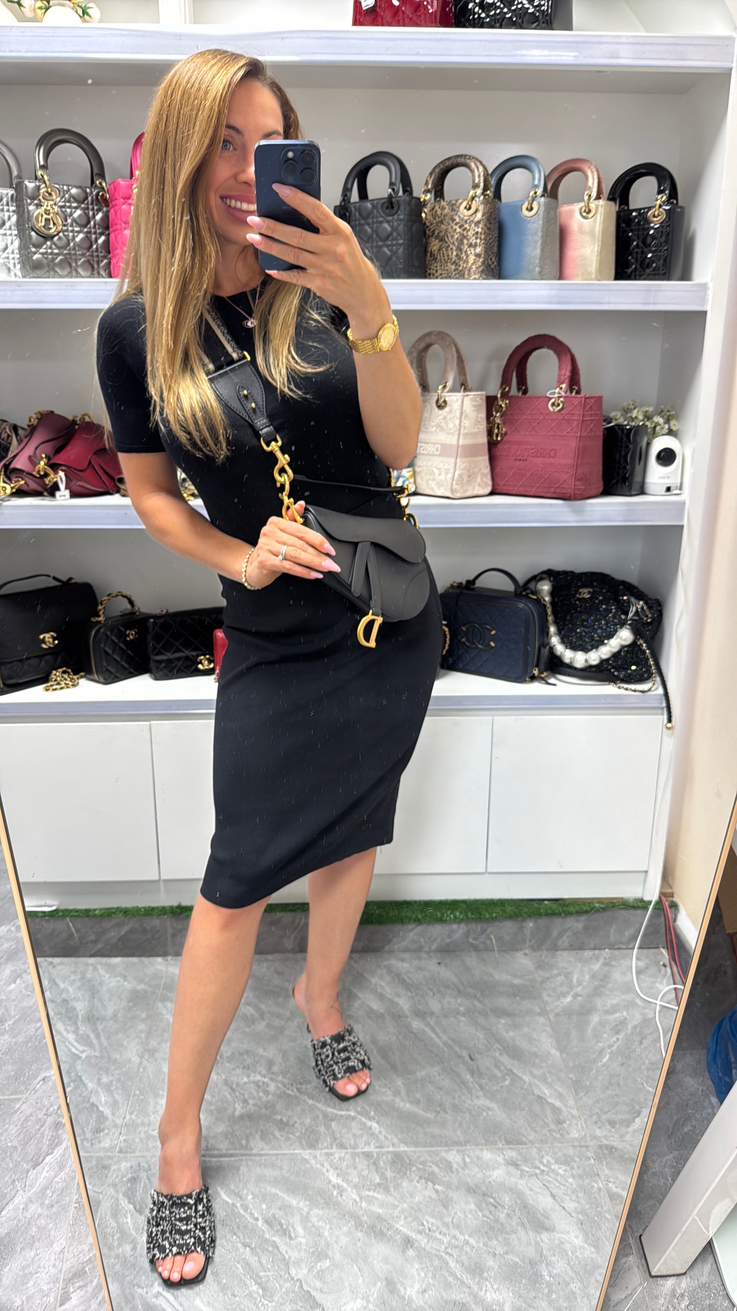 Pre-owned Certified Dior Mini Saddle Black Grained Calfskin with Golden Hardware, set with Canvas Strap, 2018, w/ dust bag, strap