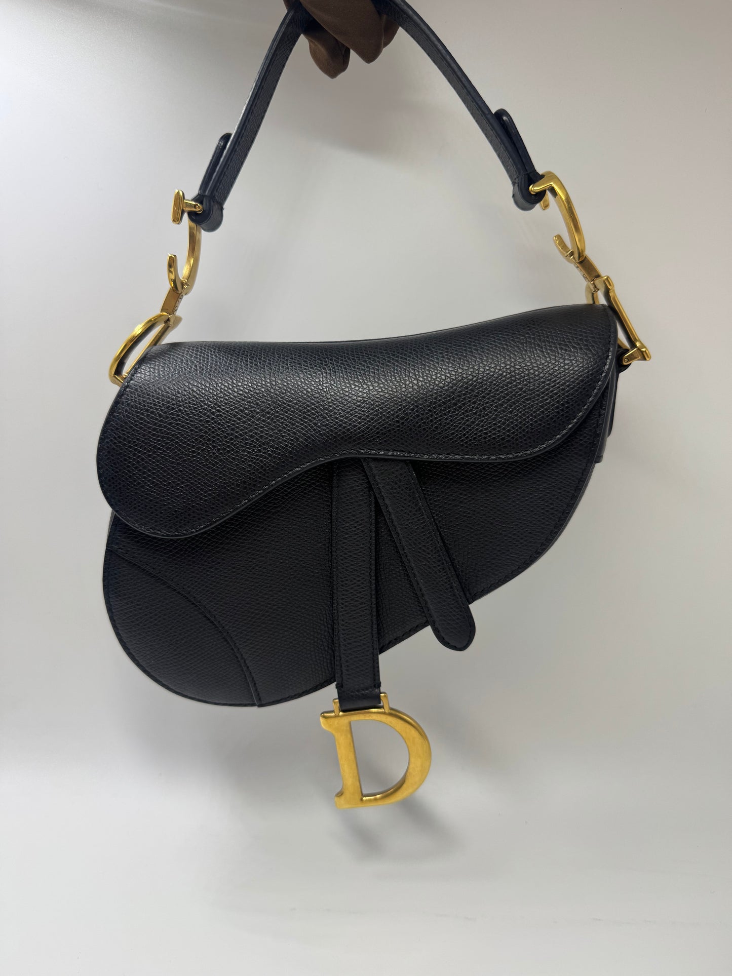 Pre-owned Certified Dior Mini Saddle Black Grained Calfskin with Golden Hardware, set with Canvas Strap, 2018, w/ dust bag, strap